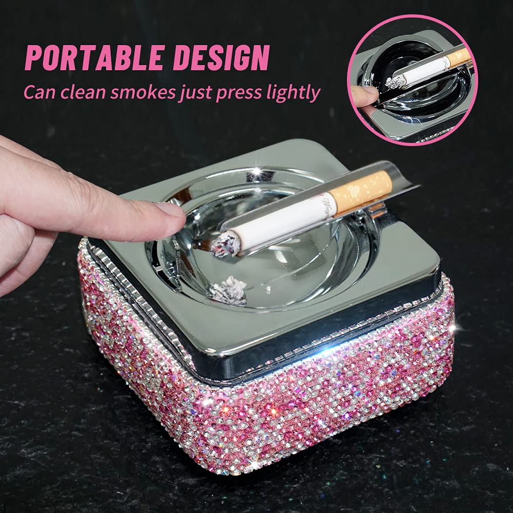 Ashtray,Stainless Steel Ashtray with Lid Bling Crystal Diamonds,Cigarette Ashtray for Indoor or Outdoor Use,Ash Holder for Smokers,Desktop Smoking Ash Tray for Home Office Decoration,Square - Pink - Image 3