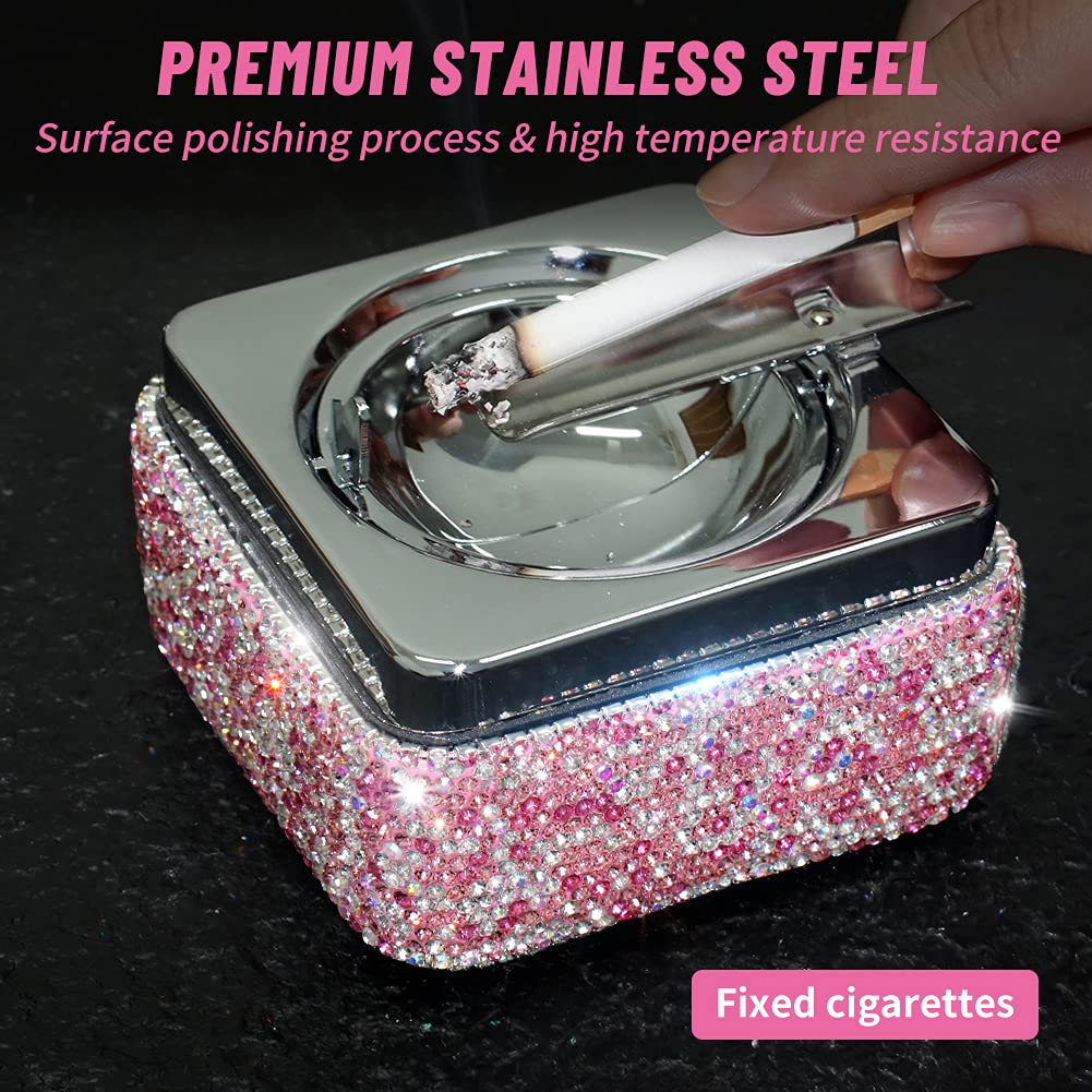 Ashtray,Stainless Steel Ashtray with Lid Bling Crystal Diamonds,Cigarette Ashtray for Indoor or Outdoor Use,Ash Holder for Smokers,Desktop Smoking Ash Tray for Home Office Decoration,Square - Pink - Image 4
