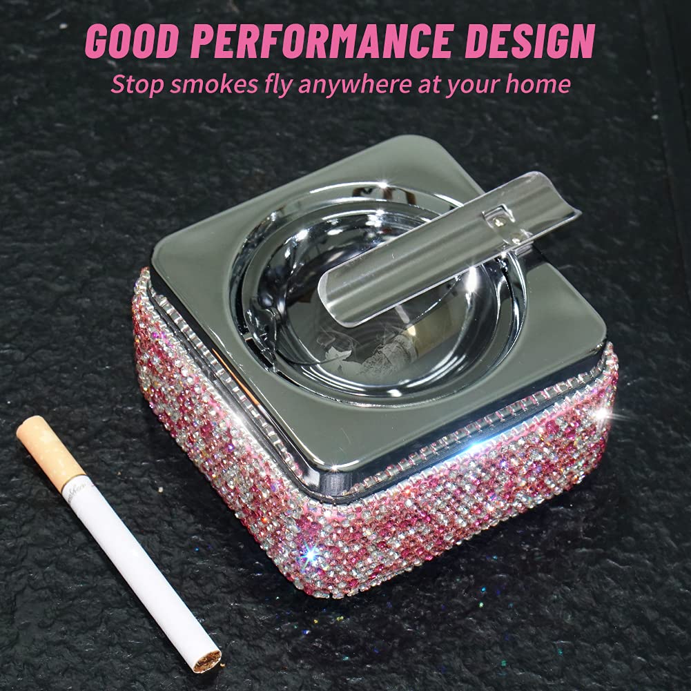 Ashtray,Stainless Steel Ashtray with Lid Bling Crystal Diamonds,Cigarette Ashtray for Indoor or Outdoor Use,Ash Holder for Smokers,Desktop Smoking Ash Tray for Home Office Decoration,Square - Pink - Image 5