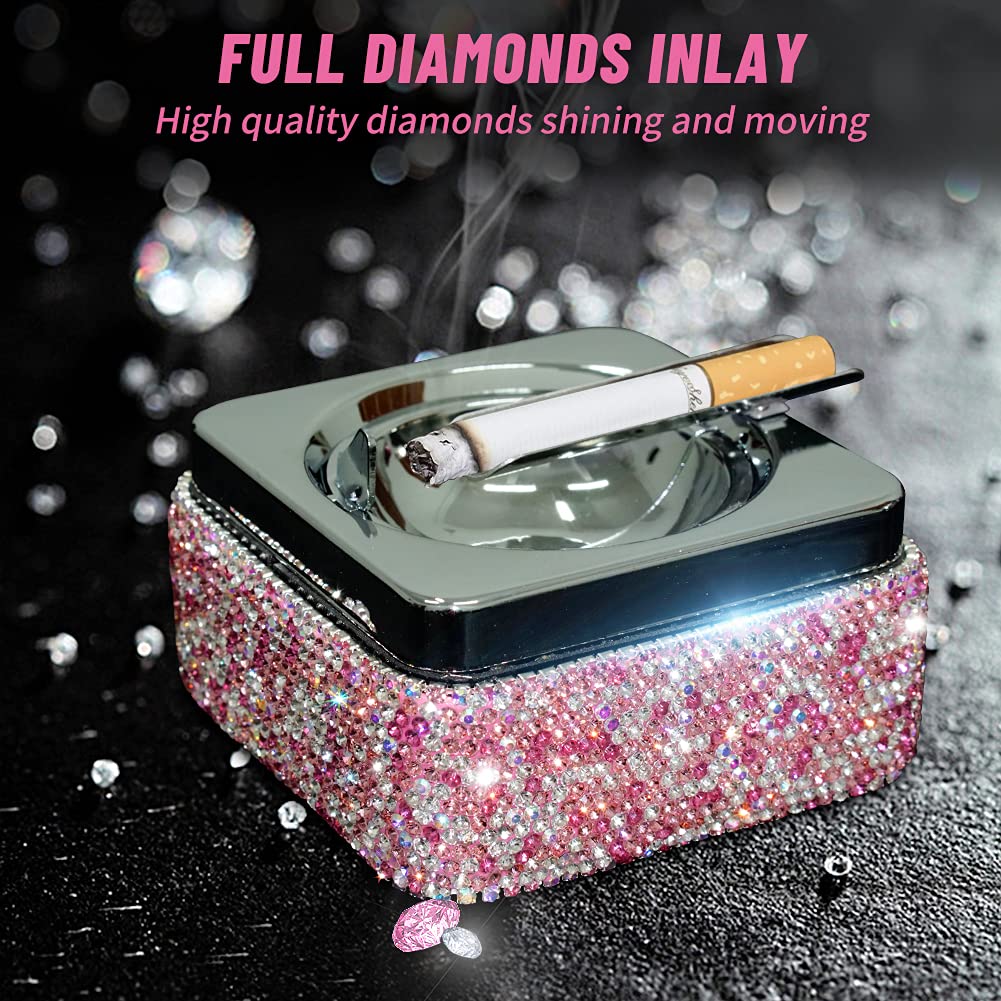 Ashtray,Stainless Steel Ashtray with Lid Bling Crystal Diamonds,Cigarette Ashtray for Indoor or Outdoor Use,Ash Holder for Smokers,Desktop Smoking Ash Tray for Home Office Decoration,Square - Pink - Image 6