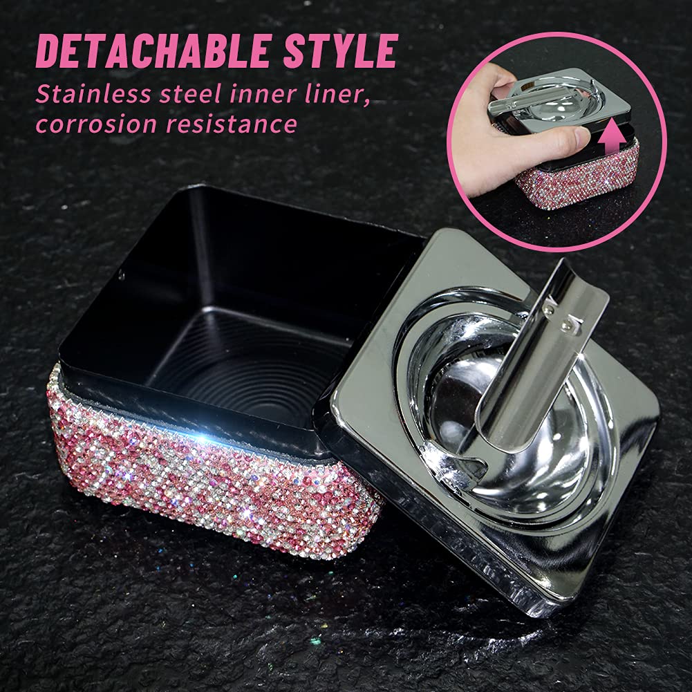 Ashtray,Stainless Steel Ashtray with Lid Bling Crystal Diamonds,Cigarette Ashtray for Indoor or Outdoor Use,Ash Holder for Smokers,Desktop Smoking Ash Tray for Home Office Decoration,Square - Pink - Image 7