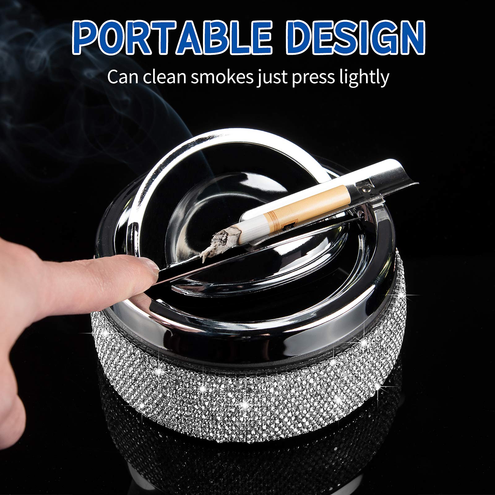 Ashtray,Stainless Steel Ashtray with Lid Bling Crystal Diamonds,Cigarette Ashtray for Indoor or Outdoor Use,Ash Holder for Smokers,Desktop Smoking Ash Tray for Home Office,Circular - Silver - Image 3