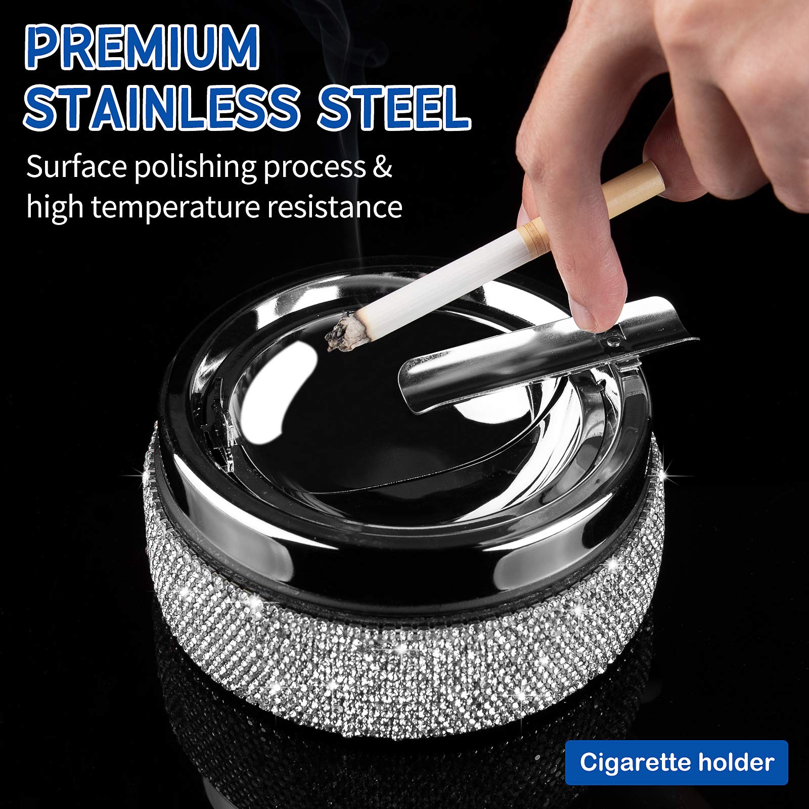 Ashtray,Stainless Steel Ashtray with Lid Bling Crystal Diamonds,Cigarette Ashtray for Indoor or Outdoor Use,Ash Holder for Smokers,Desktop Smoking Ash Tray for Home Office,Circular - Silver - Image 4