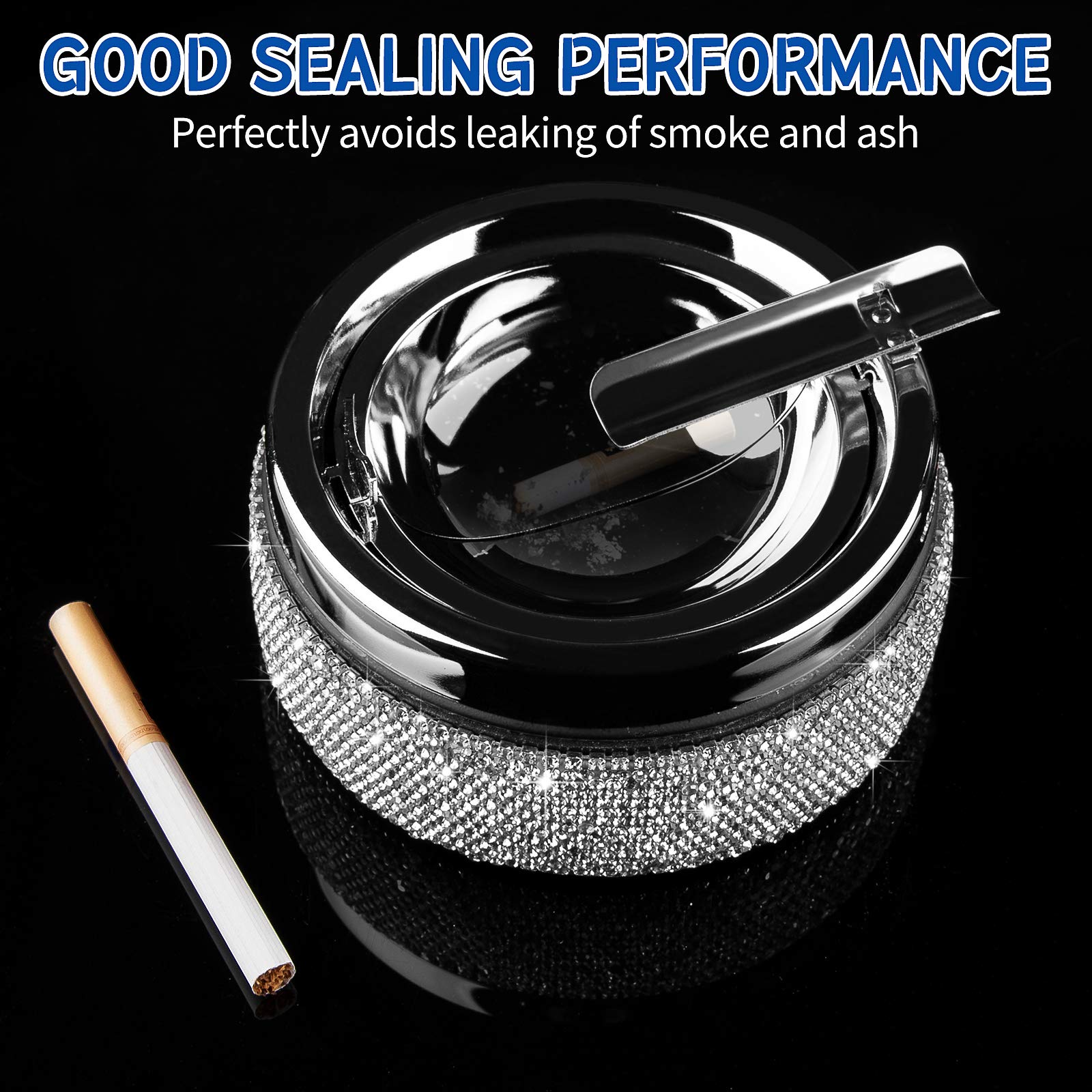 Ashtray,Stainless Steel Ashtray with Lid Bling Crystal Diamonds,Cigarette Ashtray for Indoor or Outdoor Use,Ash Holder for Smokers,Desktop Smoking Ash Tray for Home Office,Circular - Silver - Image 5