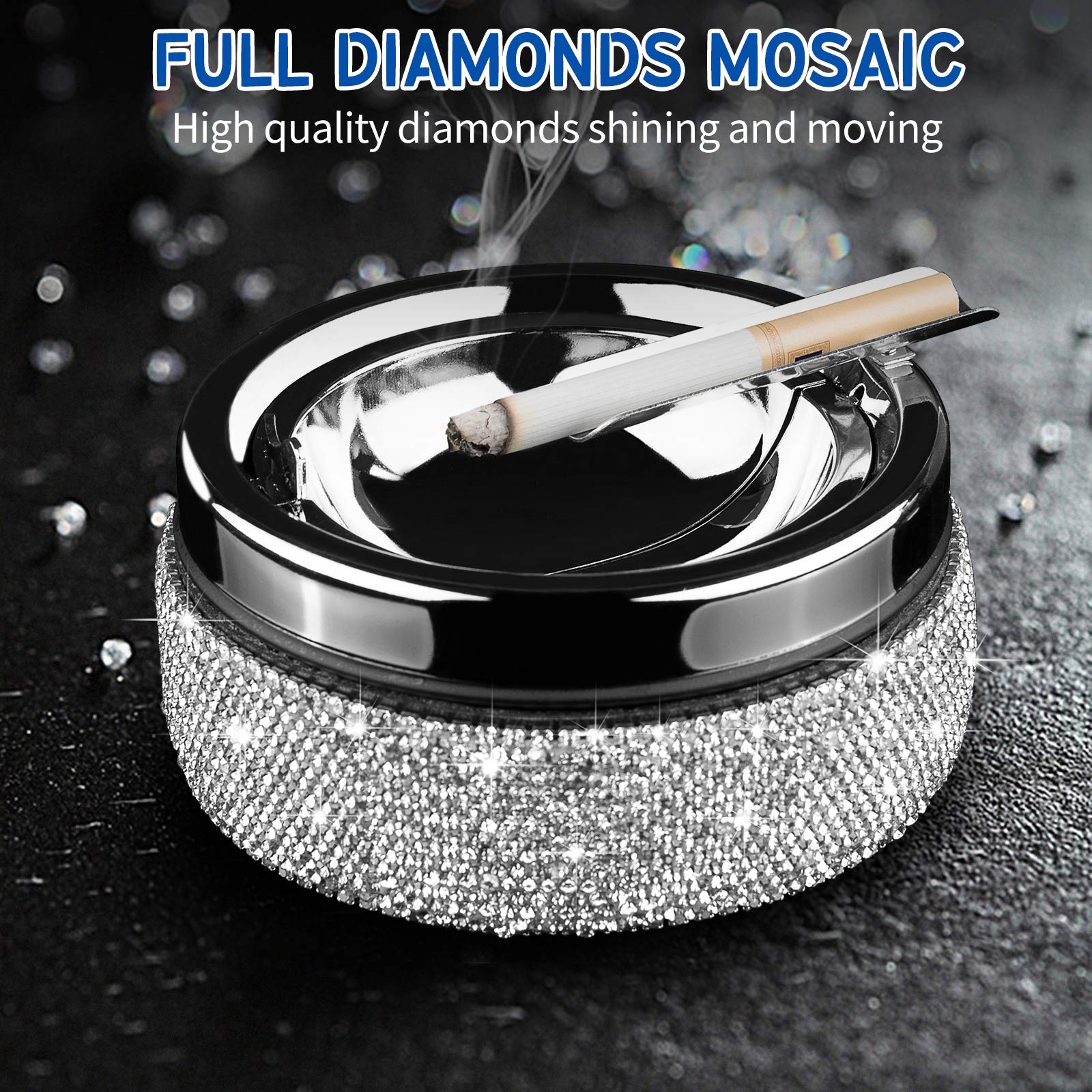 Ashtray,Stainless Steel Ashtray with Lid Bling Crystal Diamonds,Cigarette Ashtray for Indoor or Outdoor Use,Ash Holder for Smokers,Desktop Smoking Ash Tray for Home Office,Circular - Silver - Image 6