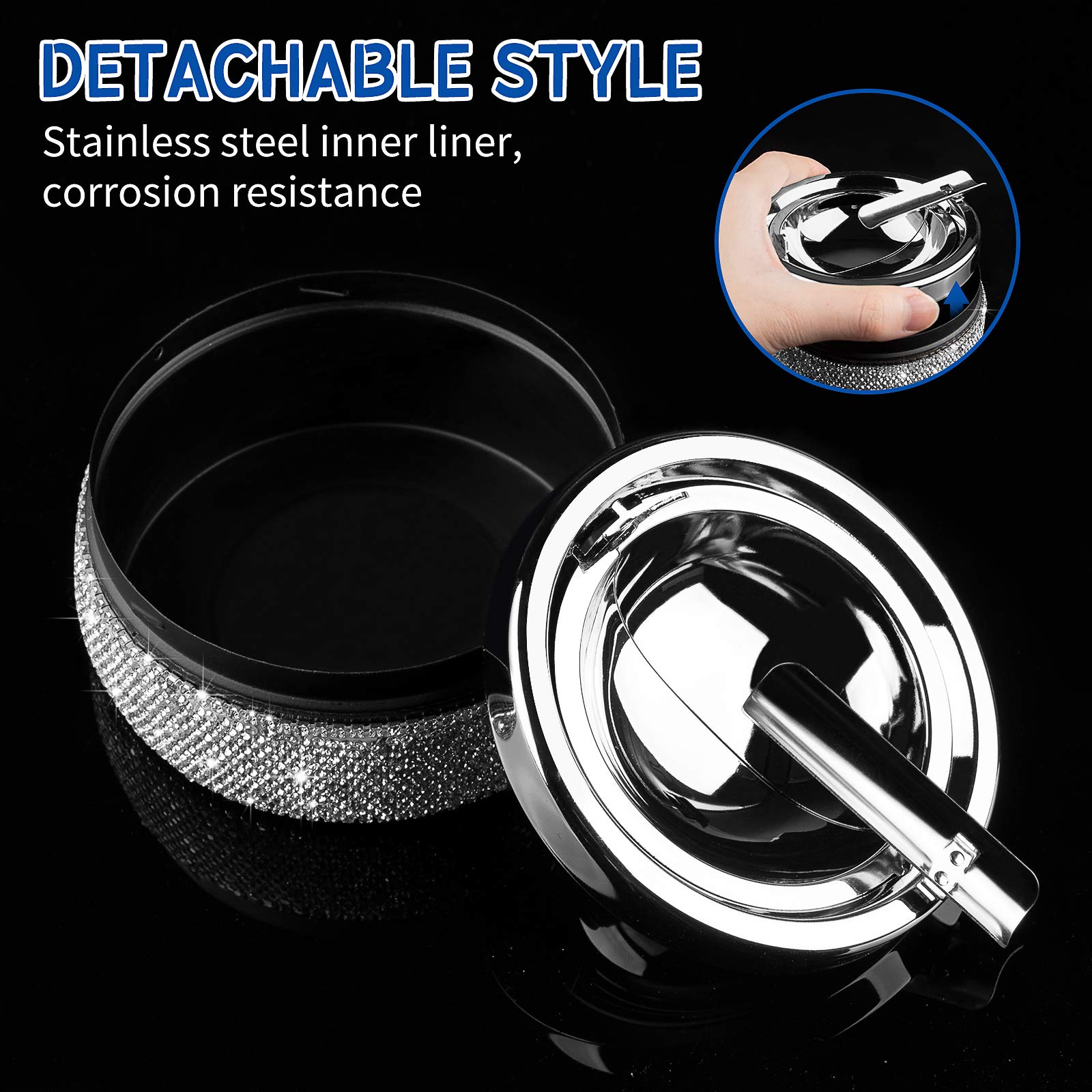 Ashtray,Stainless Steel Ashtray with Lid Bling Crystal Diamonds,Cigarette Ashtray for Indoor or Outdoor Use,Ash Holder for Smokers,Desktop Smoking Ash Tray for Home Office,Circular - Silver - Image 7