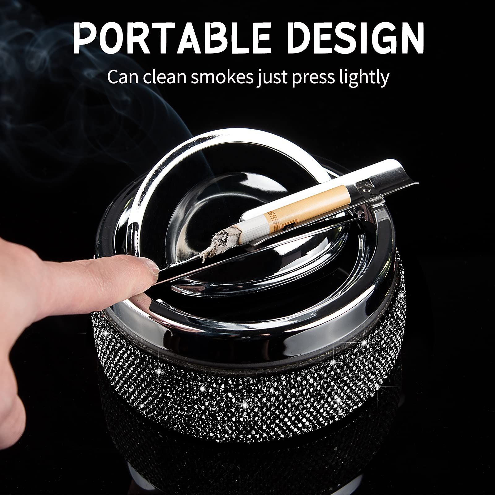 Ashtray,Stainless Steel Ashtray with Lid Bling Crystal Diamonds,Cigarette Ashtray for Indoor or Outdoor Use,Ash Holder for Smokers,Desktop Smoking Ash Tray for Home Office,Circular - Black - Image 3