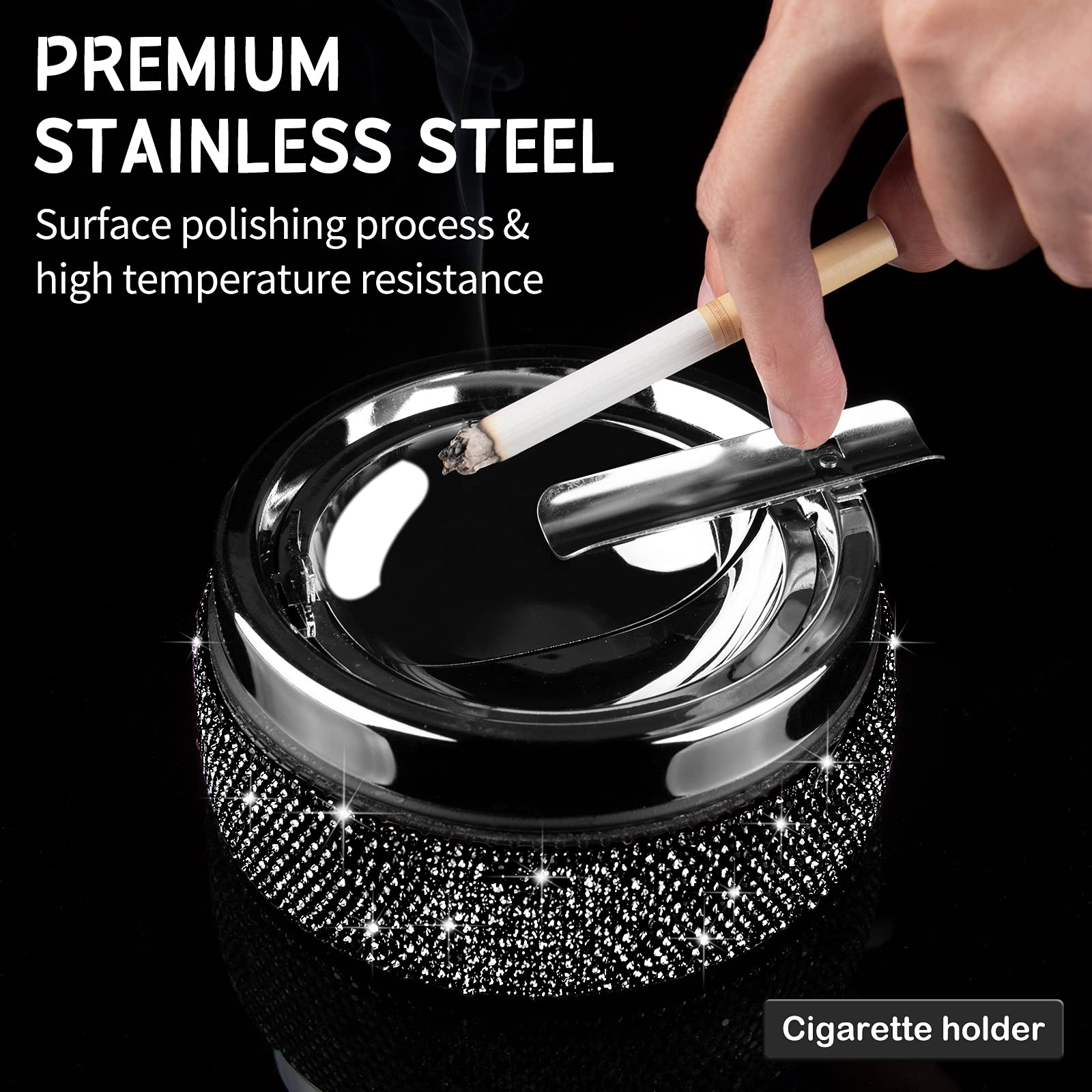 Ashtray,Stainless Steel Ashtray with Lid Bling Crystal Diamonds,Cigarette Ashtray for Indoor or Outdoor Use,Ash Holder for Smokers,Desktop Smoking Ash Tray for Home Office,Circular - Black - Image 4