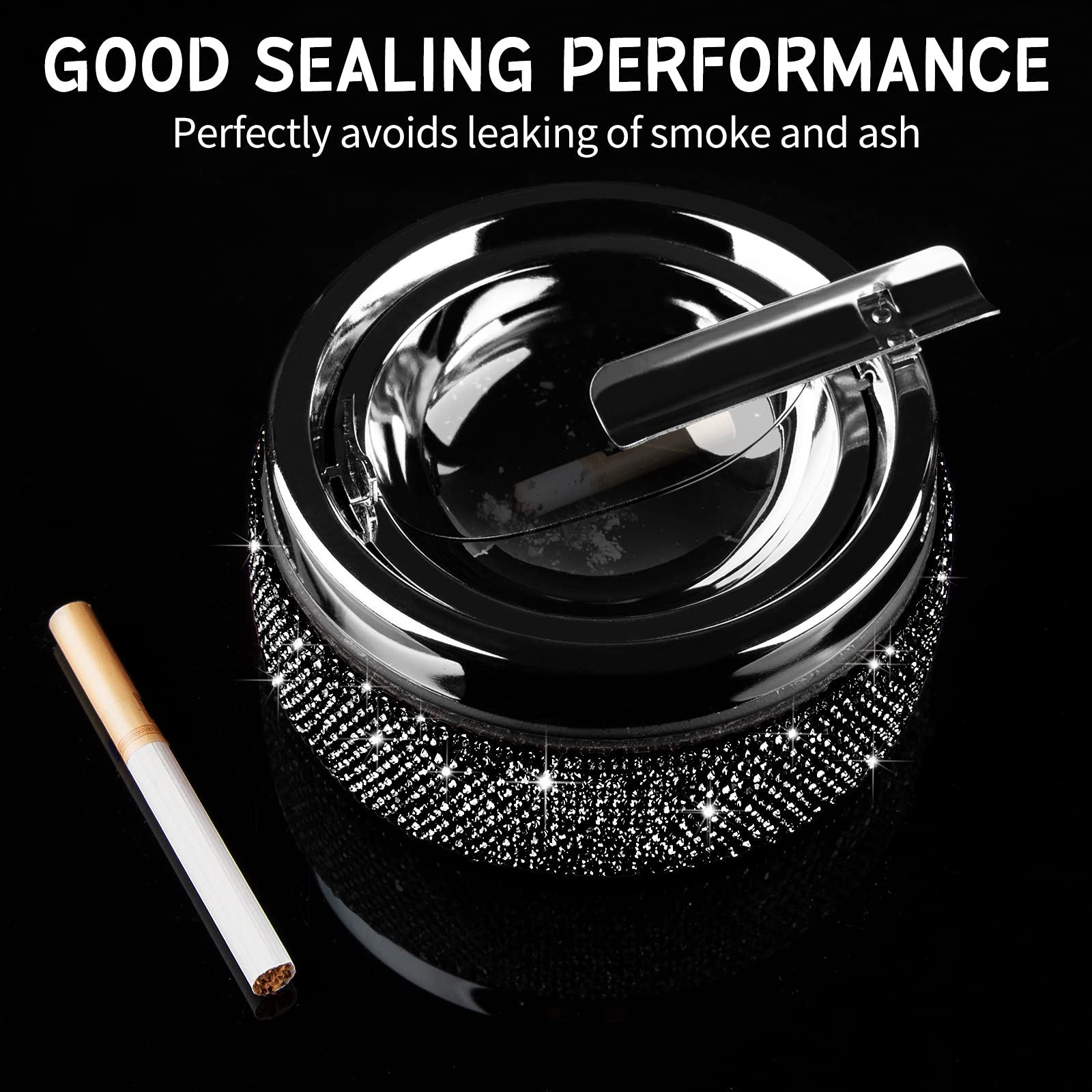 Ashtray,Stainless Steel Ashtray with Lid Bling Crystal Diamonds,Cigarette Ashtray for Indoor or Outdoor Use,Ash Holder for Smokers,Desktop Smoking Ash Tray for Home Office,Circular - Black - Image 5