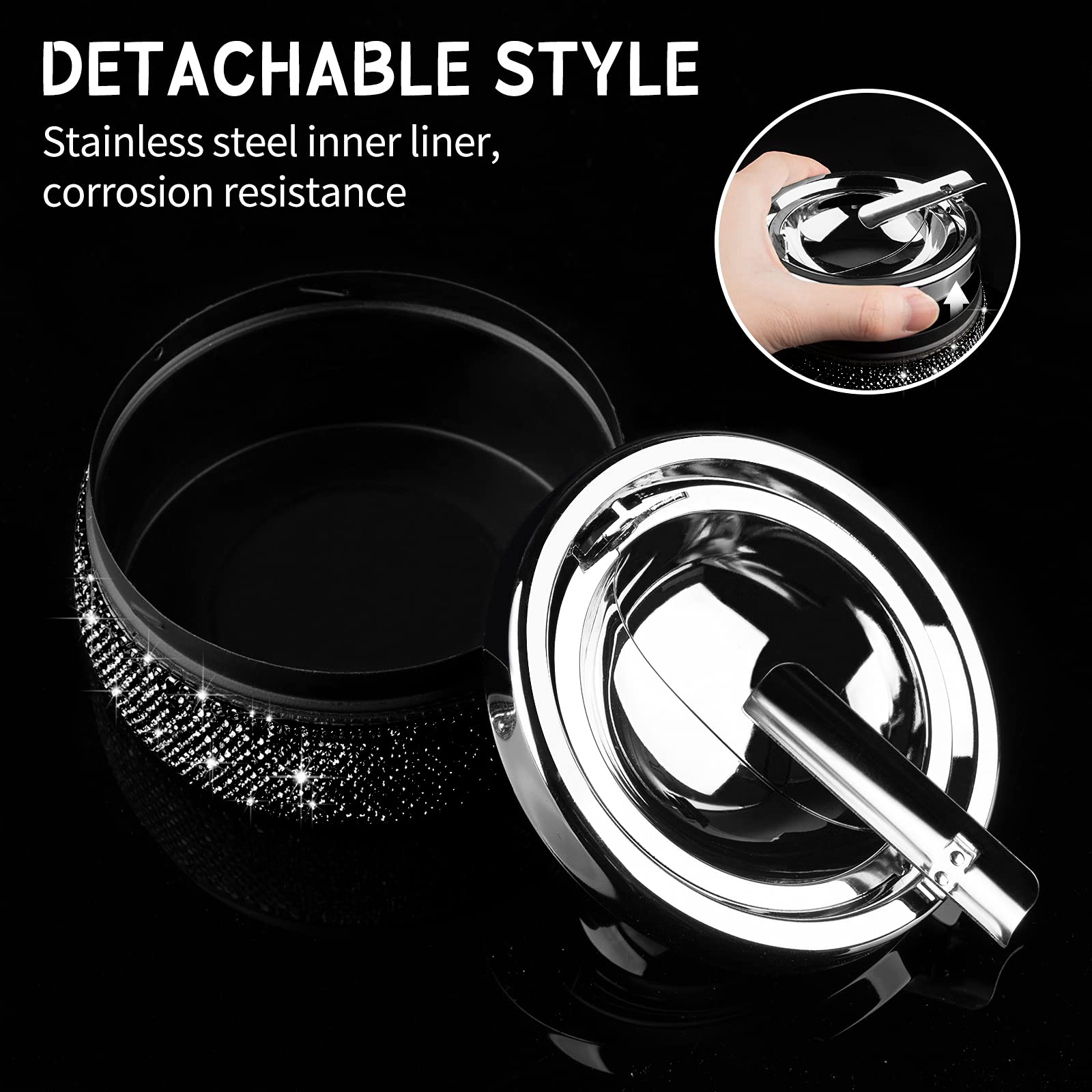 Ashtray,Stainless Steel Ashtray with Lid Bling Crystal Diamonds,Cigarette Ashtray for Indoor or Outdoor Use,Ash Holder for Smokers,Desktop Smoking Ash Tray for Home Office,Circular - Black - Image 6