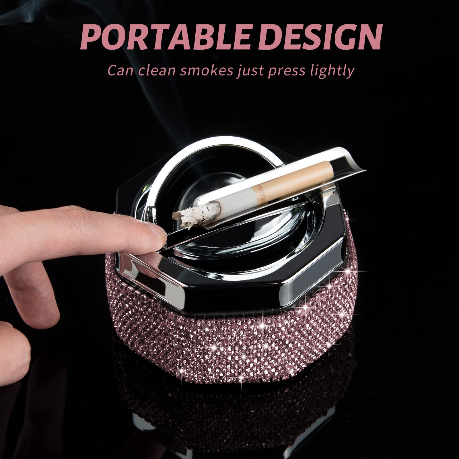 Ashtray,Stainless Steel Ashtray with Lid Bling Crystal Diamonds,Cigarette Ashtray for Indoor or Outdoor Use,Ash Holder for Smokers,Desktop Smoking Ash Tray for Home Office,Polyhedron - Purple - Image 3