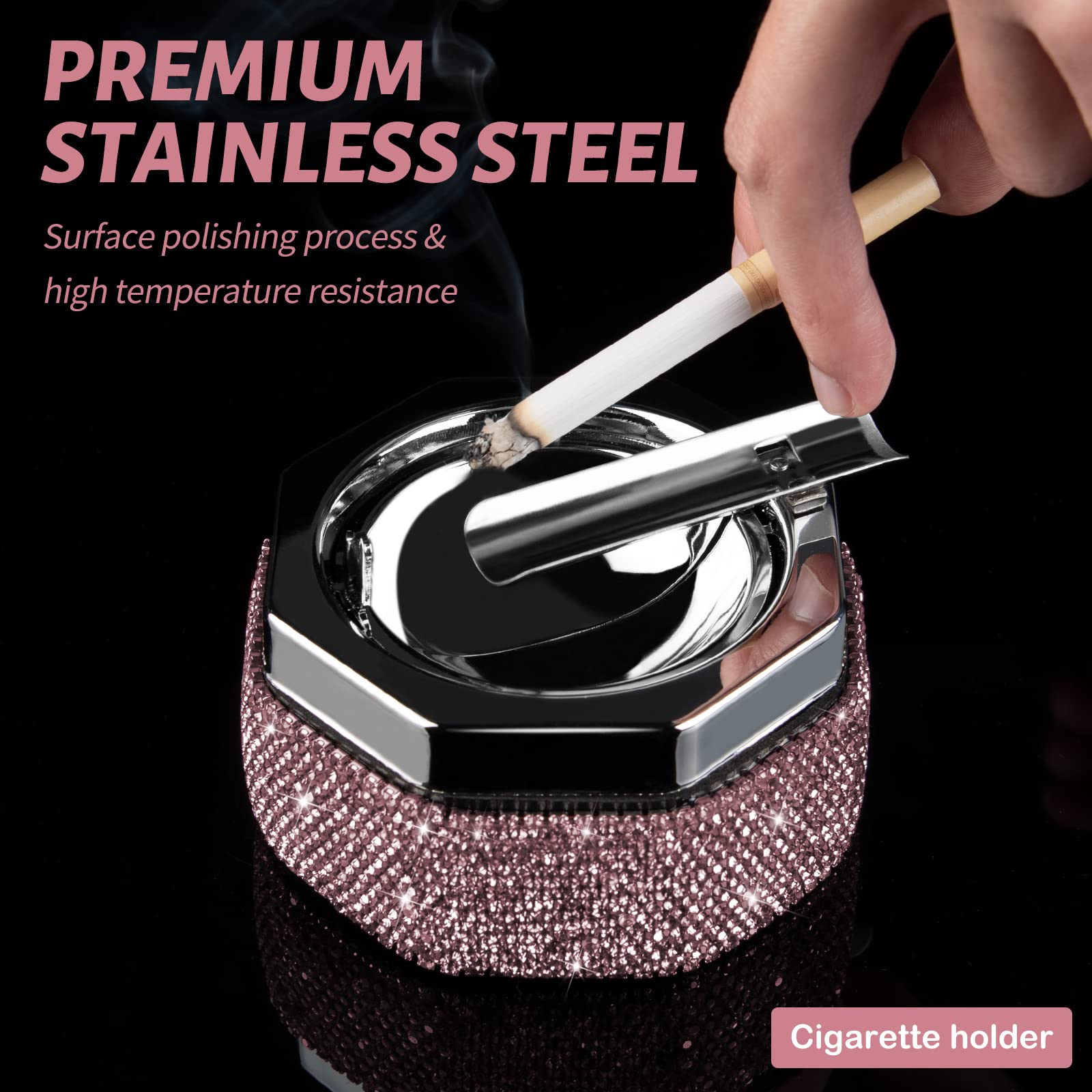 Ashtray,Stainless Steel Ashtray with Lid Bling Crystal Diamonds,Cigarette Ashtray for Indoor or Outdoor Use,Ash Holder for Smokers,Desktop Smoking Ash Tray for Home Office,Polyhedron - Purple - Image 4