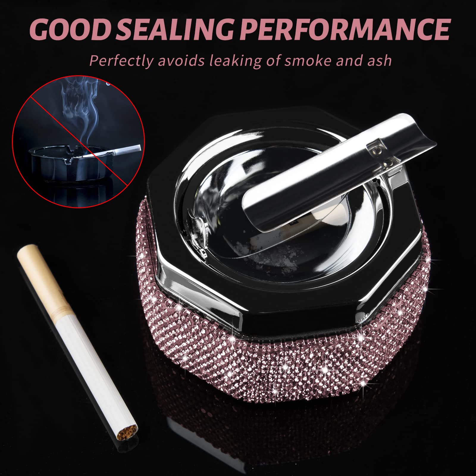 Ashtray,Stainless Steel Ashtray with Lid Bling Crystal Diamonds,Cigarette Ashtray for Indoor or Outdoor Use,Ash Holder for Smokers,Desktop Smoking Ash Tray for Home Office,Polyhedron - Purple - Image 5