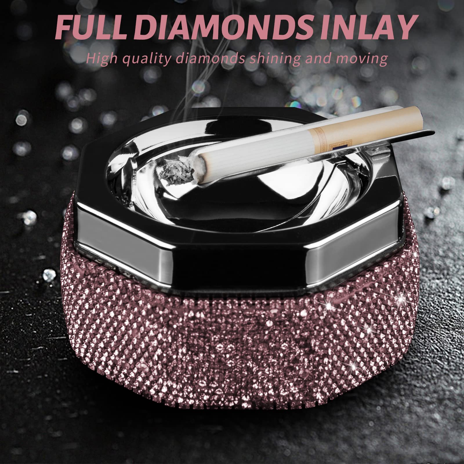 Ashtray,Stainless Steel Ashtray with Lid Bling Crystal Diamonds,Cigarette Ashtray for Indoor or Outdoor Use,Ash Holder for Smokers,Desktop Smoking Ash Tray for Home Office,Polyhedron - Purple - Image 6