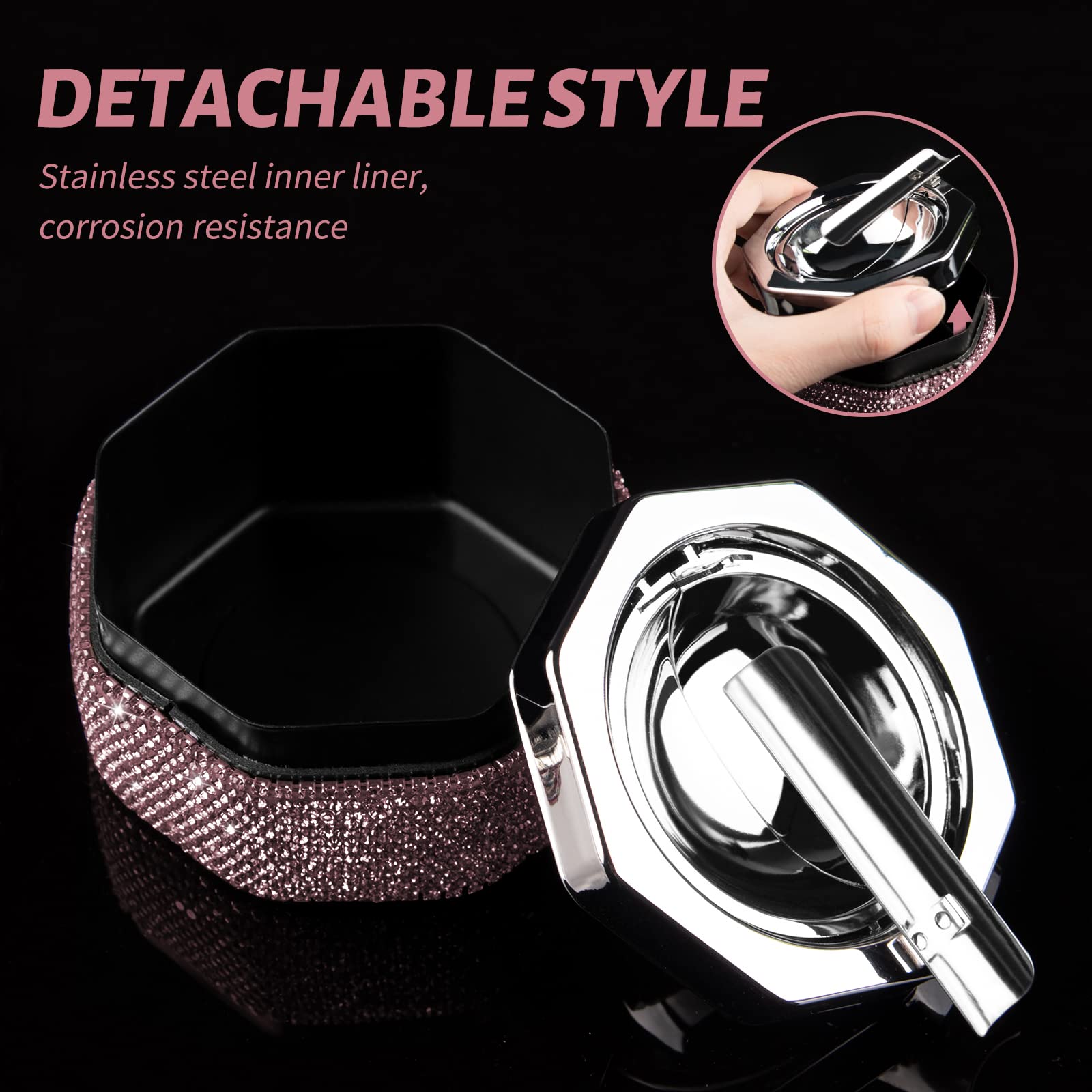 Ashtray,Stainless Steel Ashtray with Lid Bling Crystal Diamonds,Cigarette Ashtray for Indoor or Outdoor Use,Ash Holder for Smokers,Desktop Smoking Ash Tray for Home Office,Polyhedron - Purple - Image 7