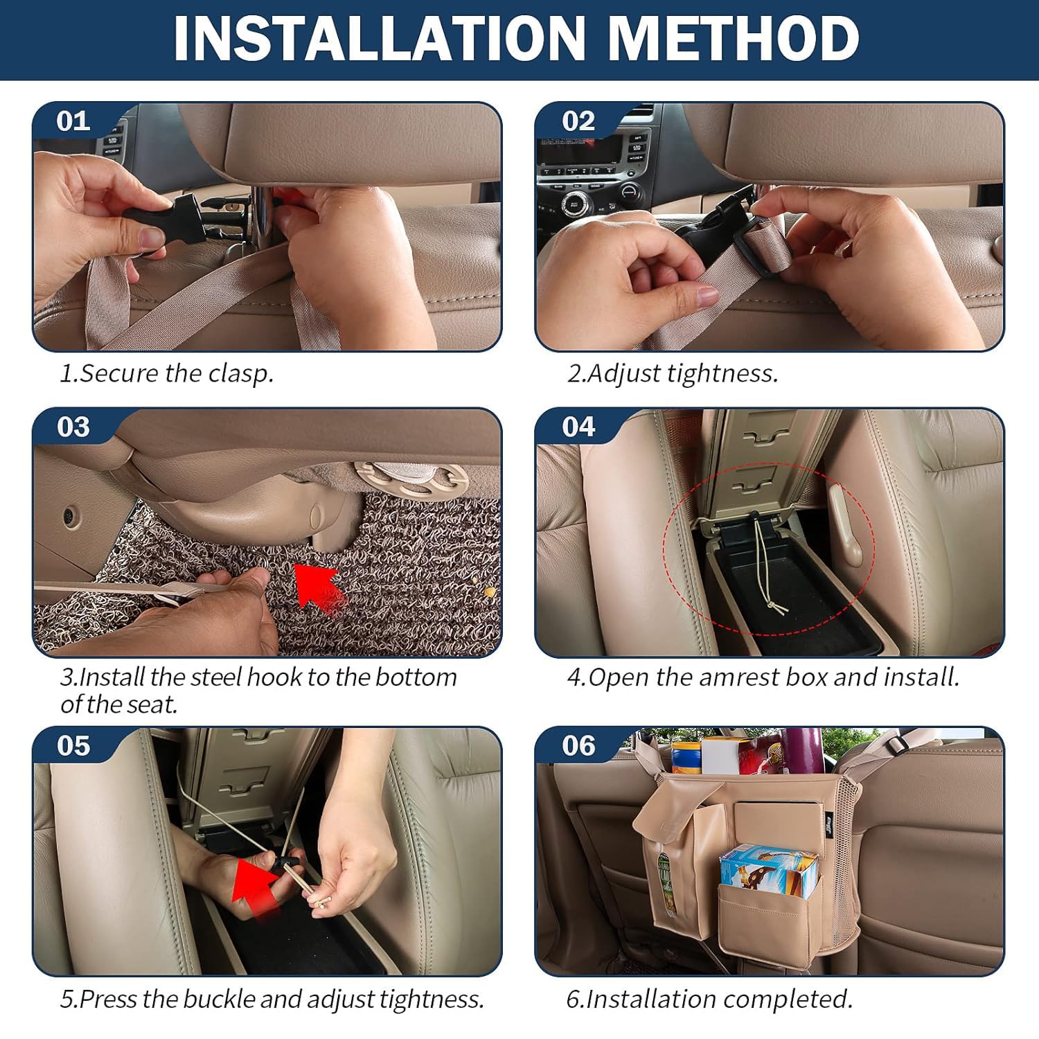 Car Seat Back Organizer, Net Purse Hangbag Holder for Car, Auto Driver Or Passenger Accessories Organizer, Vehicle Console Caddy, Personal Travel Storage Bag for Pet Kids Adults, Pu Leather Beige - Image 5