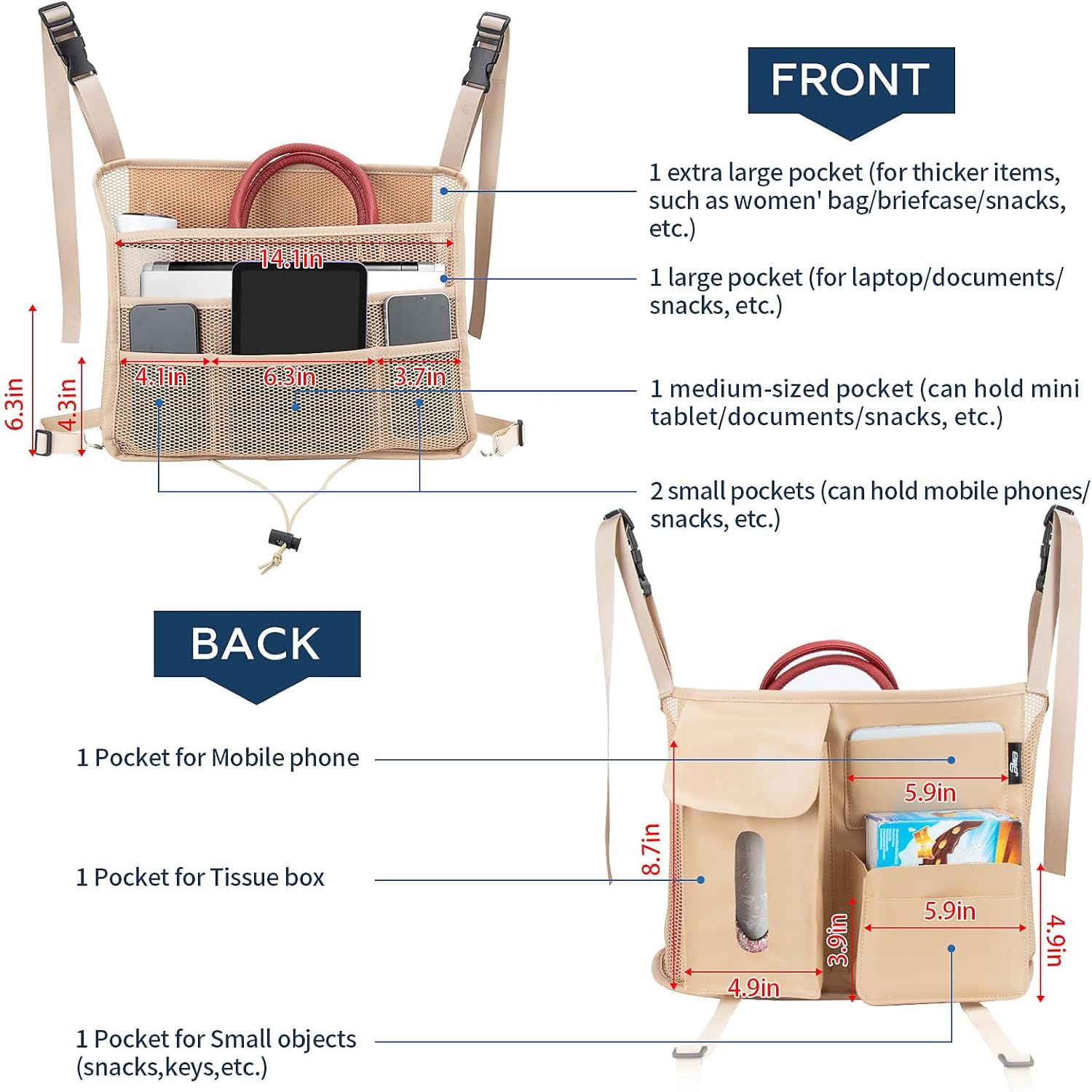 Car Seat Back Organizer, Net Purse Hangbag Holder for Car, Auto Driver Or Passenger Accessories Organizer, Vehicle Console Caddy, Personal Travel Storage Bag for Pet Kids Adults, Pu Leather Beige - Image 6