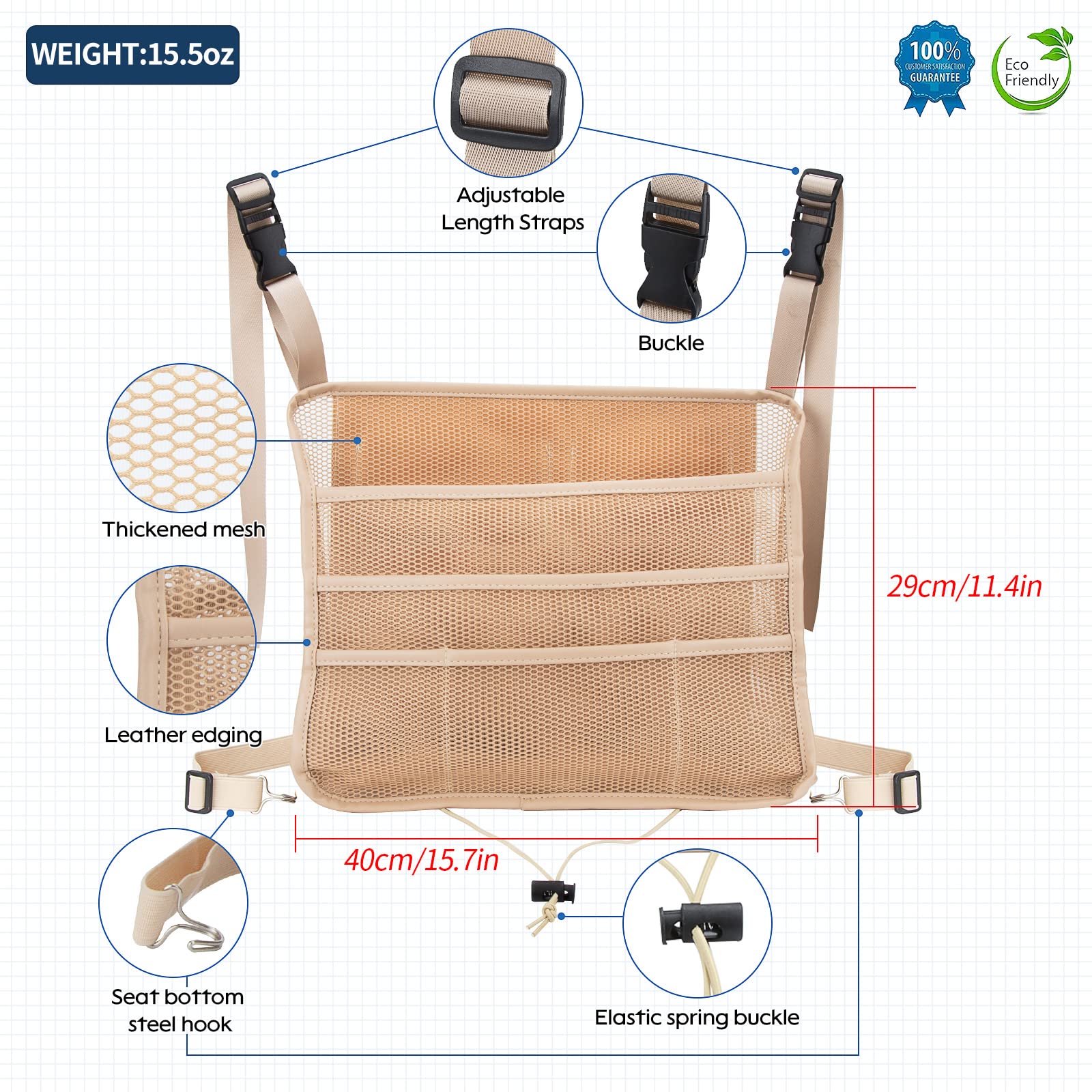 Car Seat Back Organizer, Net Purse Hangbag Holder for Car, Auto Driver Or Passenger Accessories Organizer, Vehicle Console Caddy, Personal Travel Storage Bag for Pet Kids Adults, Pu Leather Beige - Image 7