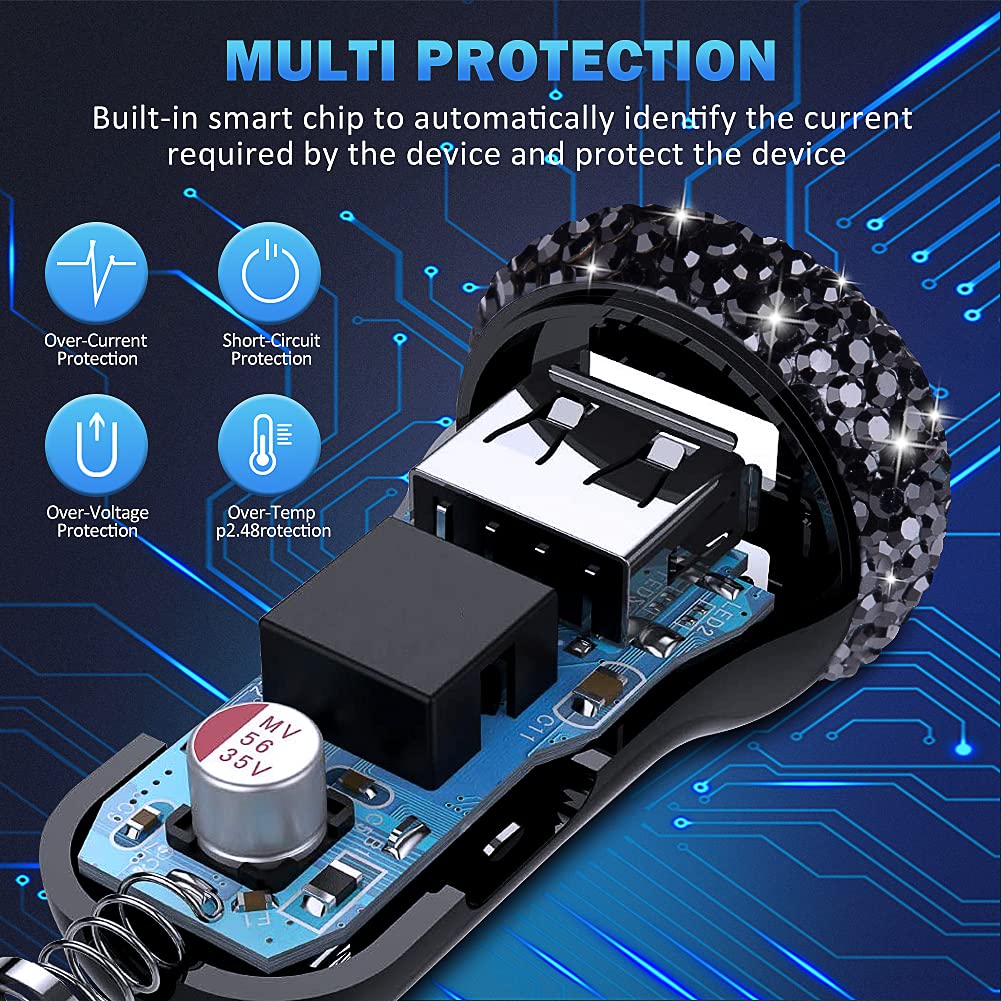 Dual USB Car Charger Quick Charge 3.0 Car Adapter Fast Charging Charger Compatible with iPhone 11/11pro/ MAX/XS/XR/X/10,iPad,Samsung S10/S10+/S9,Google Pixel 4/4 XL etc,Bling Car Decor,Black - Image 4