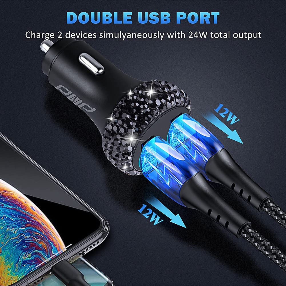 Dual USB Car Charger Quick Charge 3.0 Car Adapter Fast Charging Charger Compatible with iPhone 11/11pro/ MAX/XS/XR/X/10,iPad,Samsung S10/S10+/S9,Google Pixel 4/4 XL etc,Bling Car Decor,Black - Image 5