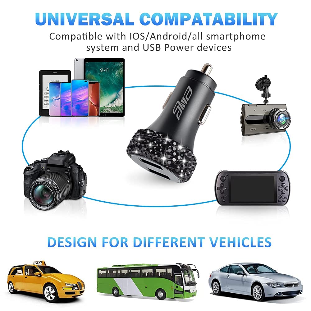Dual USB Car Charger Quick Charge 3.0 Car Adapter Fast Charging Charger Compatible with iPhone 11/11pro/ MAX/XS/XR/X/10,iPad,Samsung S10/S10+/S9,Google Pixel 4/4 XL etc,Bling Car Decor,Black - Image 6