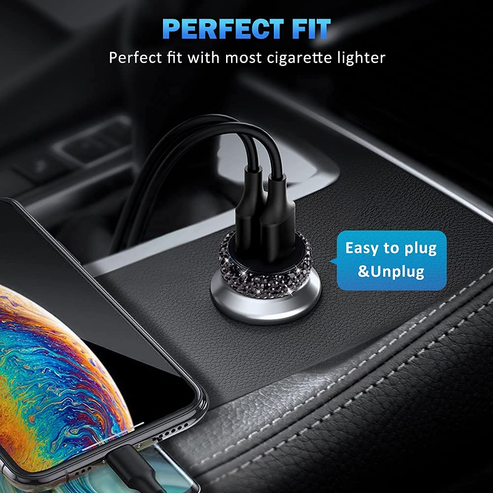 Dual USB Car Charger Quick Charge 3.0 Car Adapter Fast Charging Charger Compatible with iPhone 11/11pro/ MAX/XS/XR/X/10,iPad,Samsung S10/S10+/S9,Google Pixel 4/4 XL etc,Bling Car Decor,Black - Image 7
