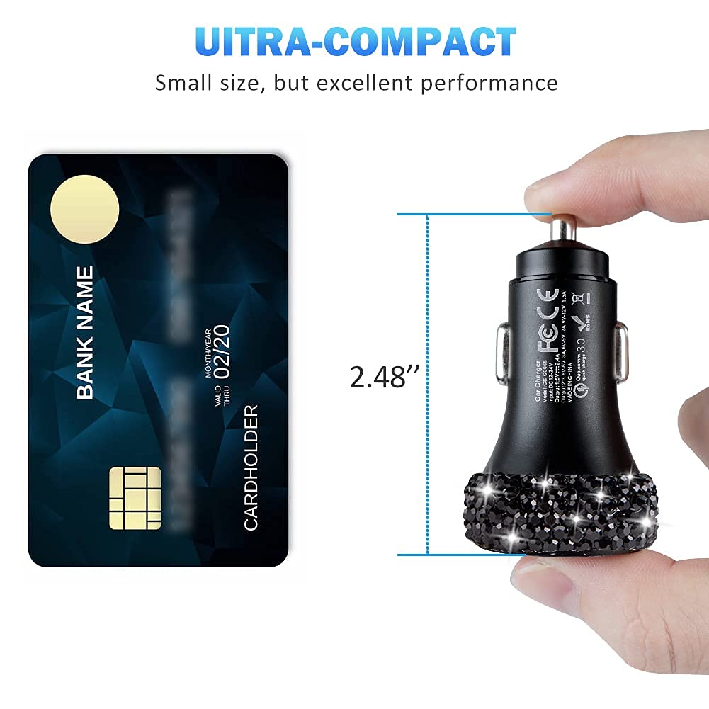 Dual USB Car Charger Quick Charge 3.0 Car Adapter Fast Charging Charger Compatible with iPhone 11/11pro/ MAX/XS/XR/X/10,iPad,Samsung S10/S10+/S9,Google Pixel 4/4 XL etc,Bling Car Decor,Black - Image 8