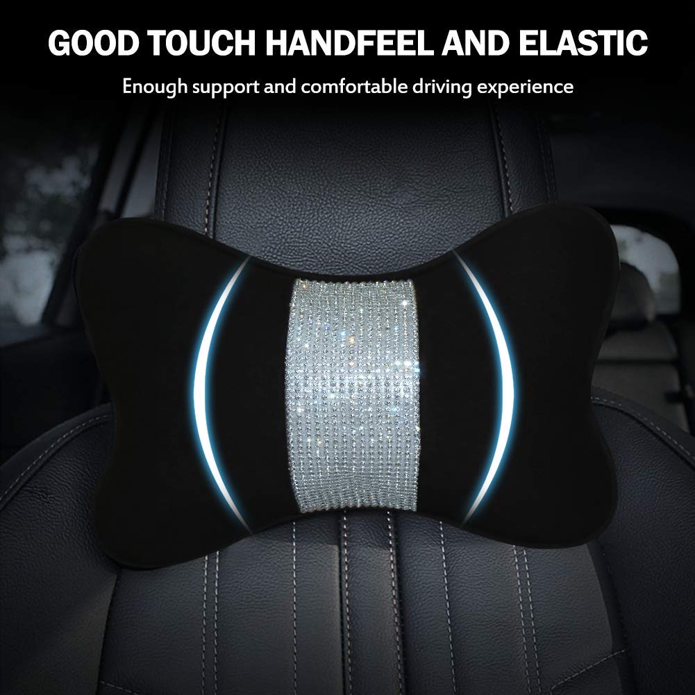 eing 2 - Pack Bling Car Seat Neck Rest Pillow Soft Plush Crystal Headrest Head Support Cushion Car Decor Accessories for Women,Universal Fit for Car Seat Headrest, Black - Image 3