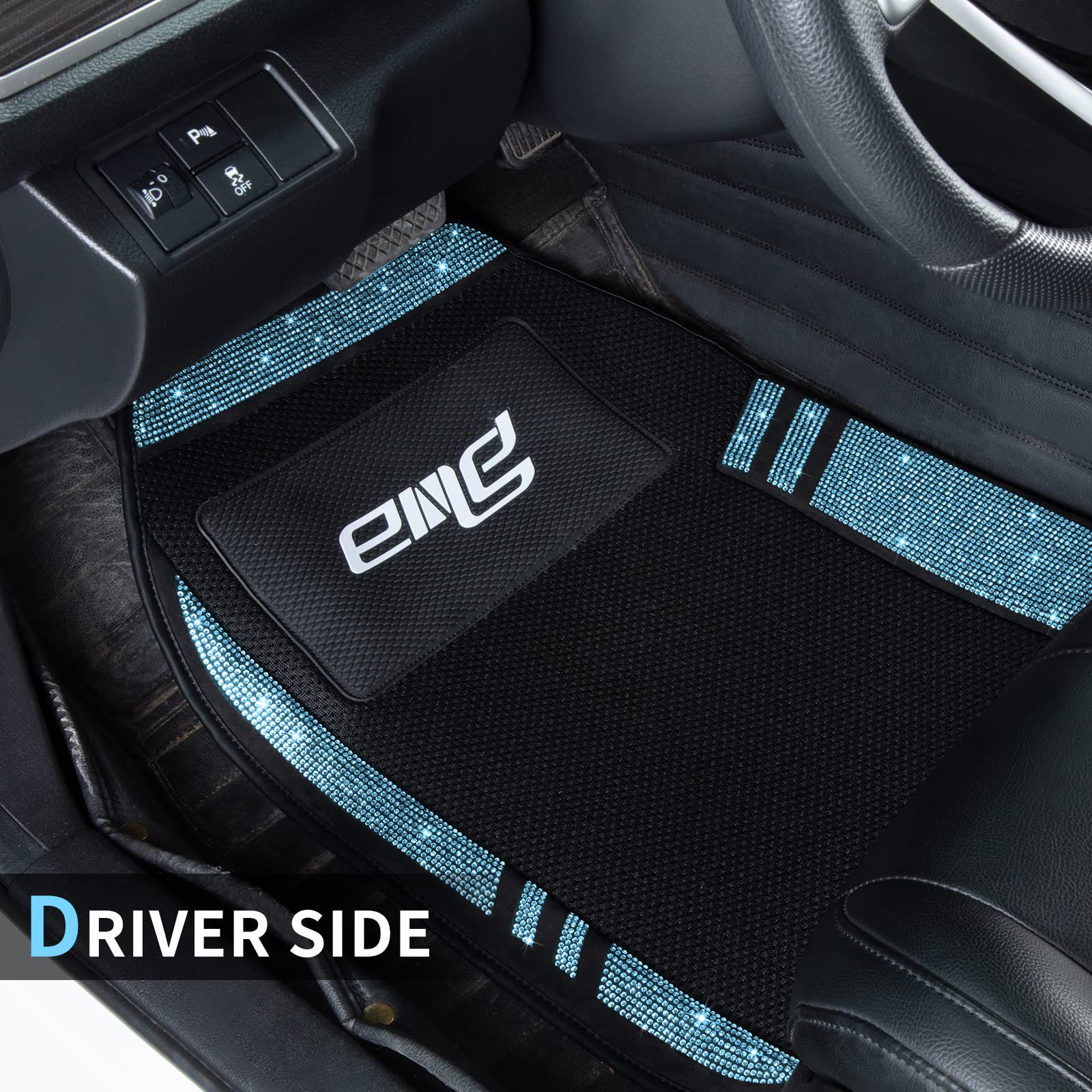 eing Anti Slip Car Floor Mats for Girls&Women,Upgraded Design with Friction,Rhinestone Breathable Universal Mats for Vehicles, 5PCS / 1 Set Universal Bling Diamond Waterproof Car Carpet,Blue - Image 3
