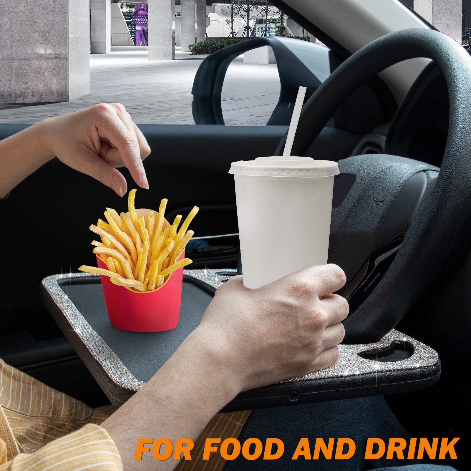 eing Bling Auto Steering Wheel Desk, Laptop,Tablet, Notebook Car Travel Table, Food Eating Hook On Steering Wheel Tray, for Constant Travelers, Fits Most Vehicles Steering Wheels,White - Image 3