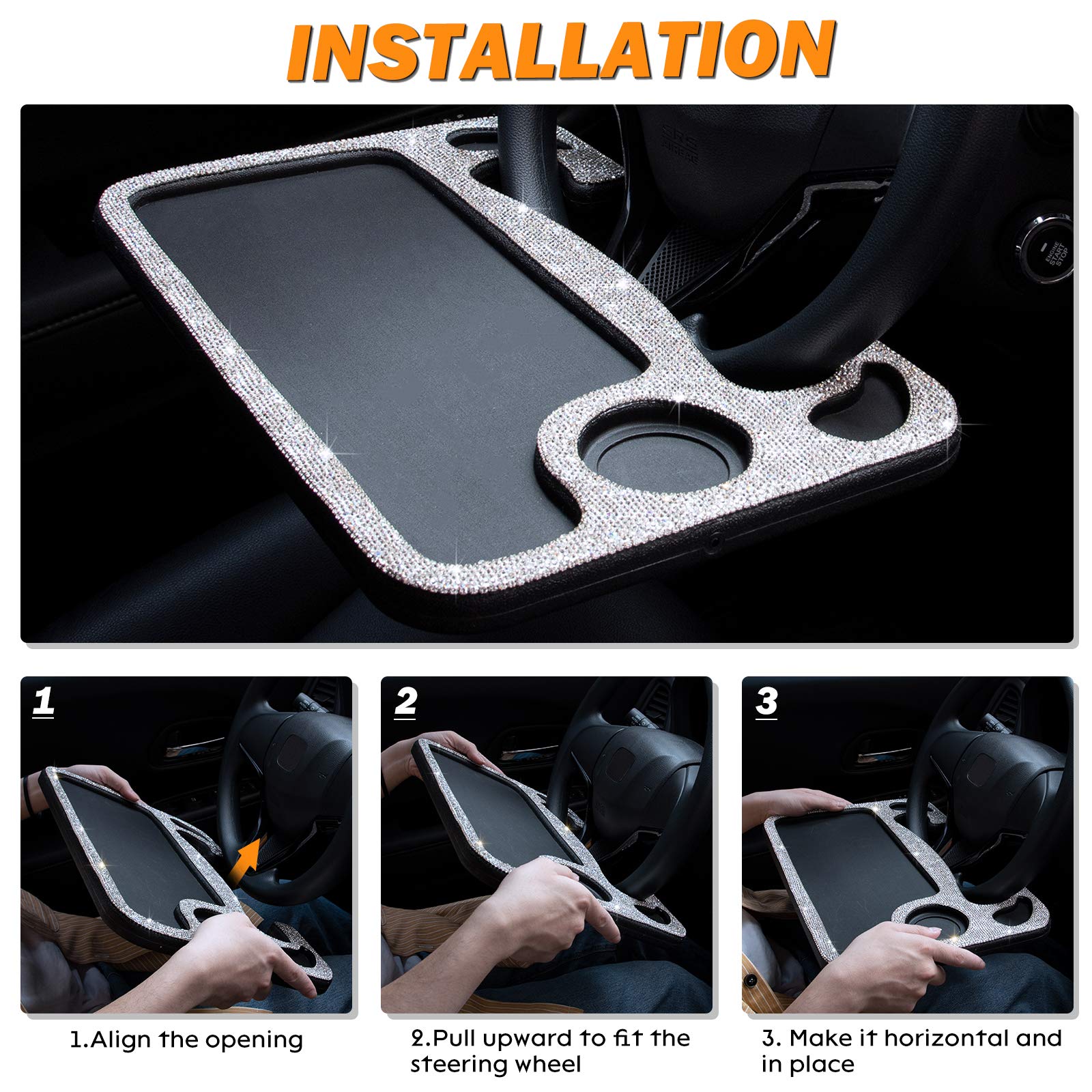 eing Bling Auto Steering Wheel Desk, Laptop,Tablet, Notebook Car Travel Table, Food Eating Hook On Steering Wheel Tray, for Constant Travelers, Fits Most Vehicles Steering Wheels,White - Image 4