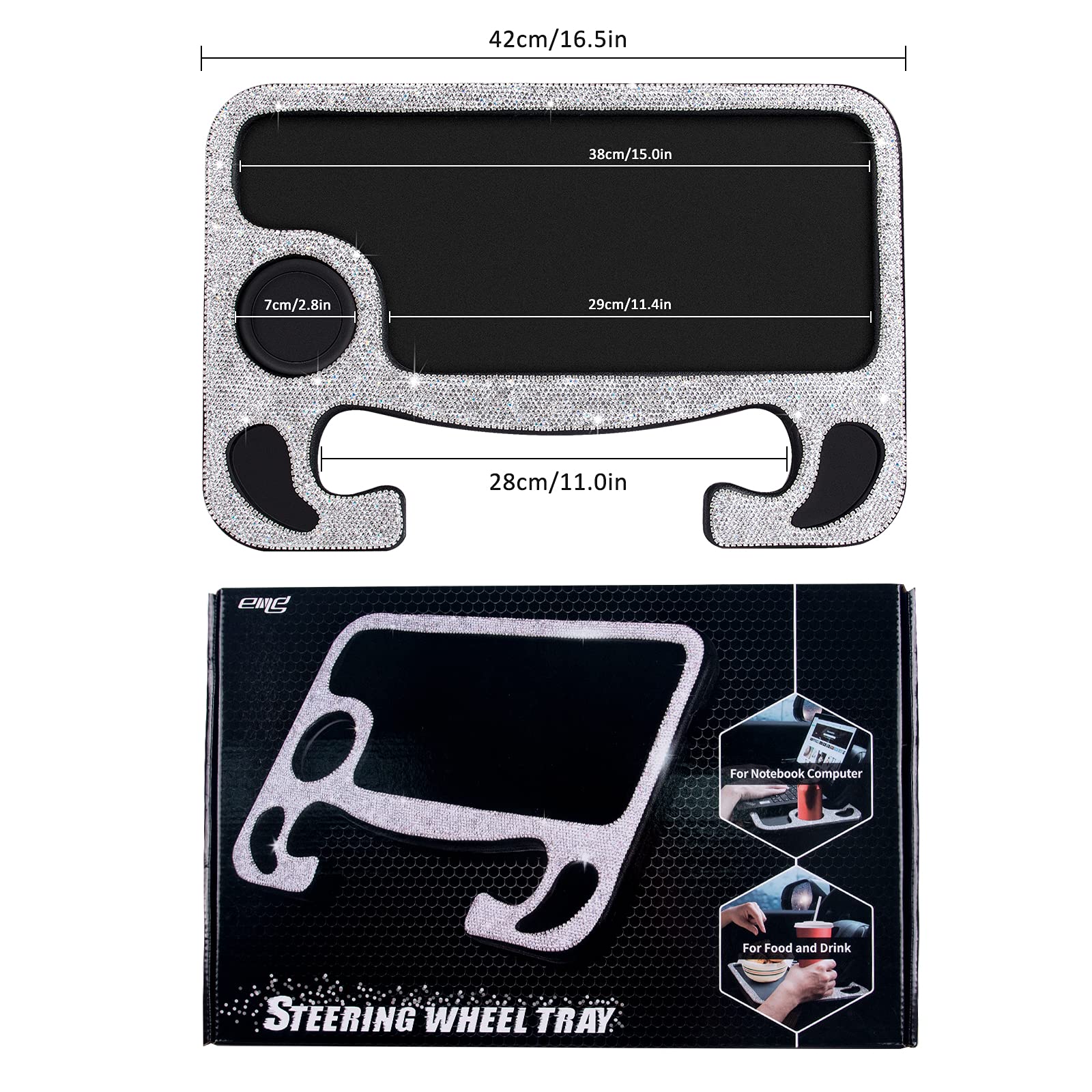 eing Bling Auto Steering Wheel Desk, Laptop,Tablet, Notebook Car Travel Table, Food Eating Hook On Steering Wheel Tray, for Constant Travelers, Fits Most Vehicles Steering Wheels,White - Image 6