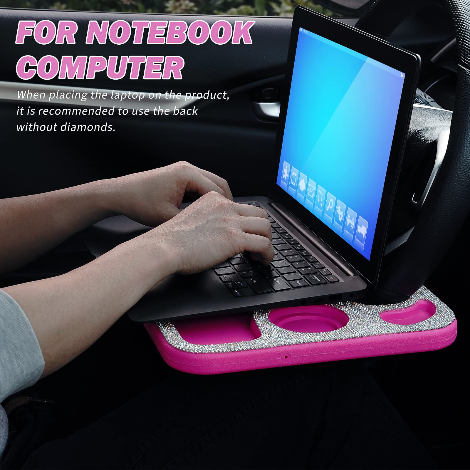 eing Bling Auto Steering Wheel Desk, Laptop,Tablet, Notebook Car Travel Table, Food Eating Hook On Steering Wheel Tray, for Constant Travelers, Fits Most Vehicles Steering Wheels, White+Rose Red - Image 3