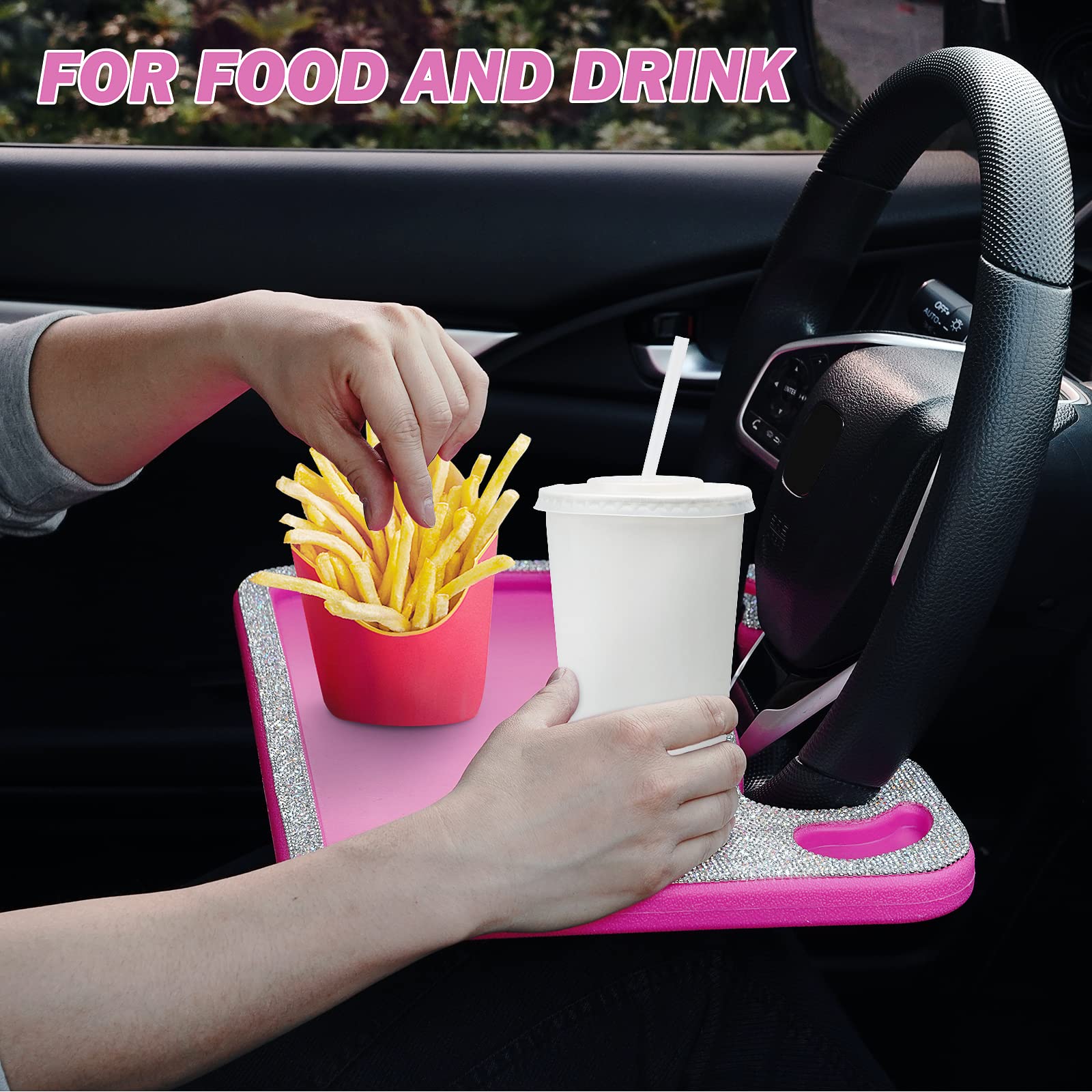 eing Bling Auto Steering Wheel Desk, Laptop,Tablet, Notebook Car Travel Table, Food Eating Hook On Steering Wheel Tray, for Constant Travelers, Fits Most Vehicles Steering Wheels, White+Rose Red - Image 4