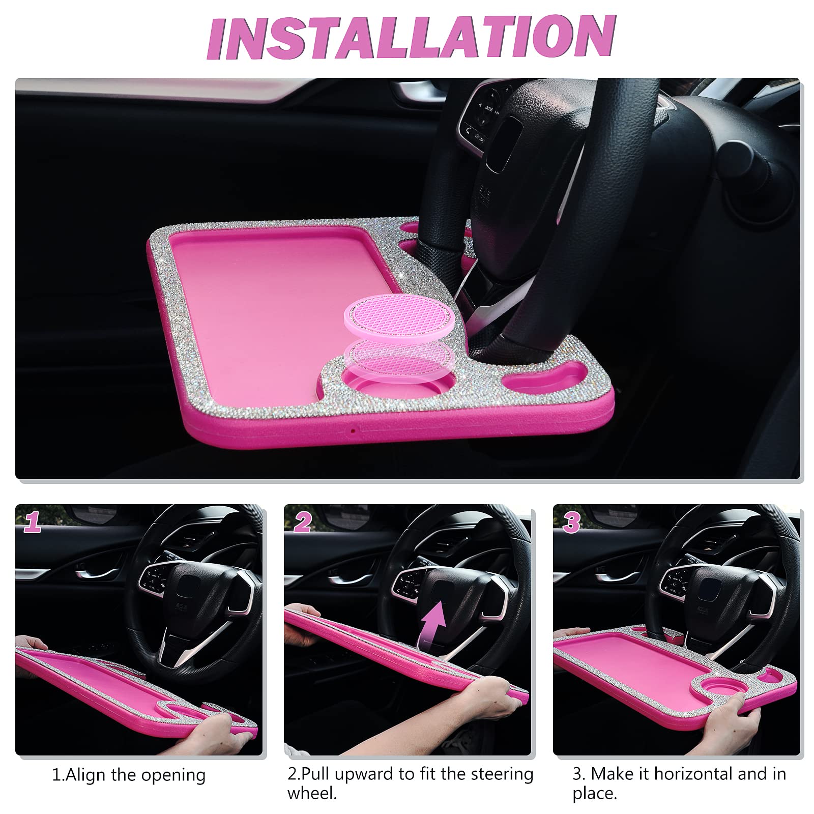 eing Bling Auto Steering Wheel Desk, Laptop,Tablet, Notebook Car Travel Table, Food Eating Hook On Steering Wheel Tray, for Constant Travelers, Fits Most Vehicles Steering Wheels, White+Rose Red - Image 5