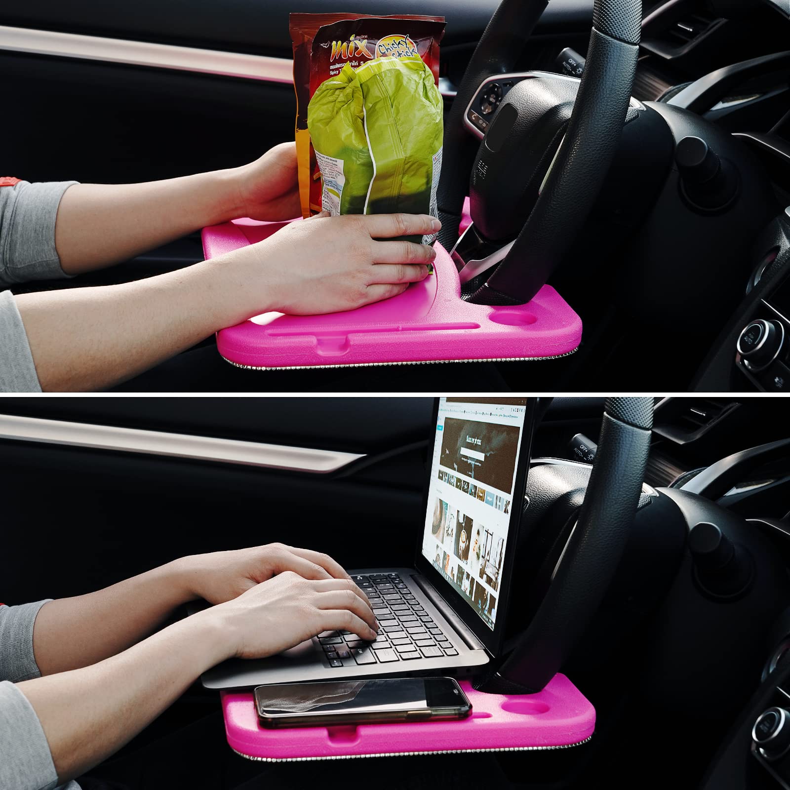 eing Bling Auto Steering Wheel Desk, Laptop,Tablet, Notebook Car Travel Table, Food Eating Hook On Steering Wheel Tray, for Constant Travelers, Fits Most Vehicles Steering Wheels, White+Rose Red - Image 8