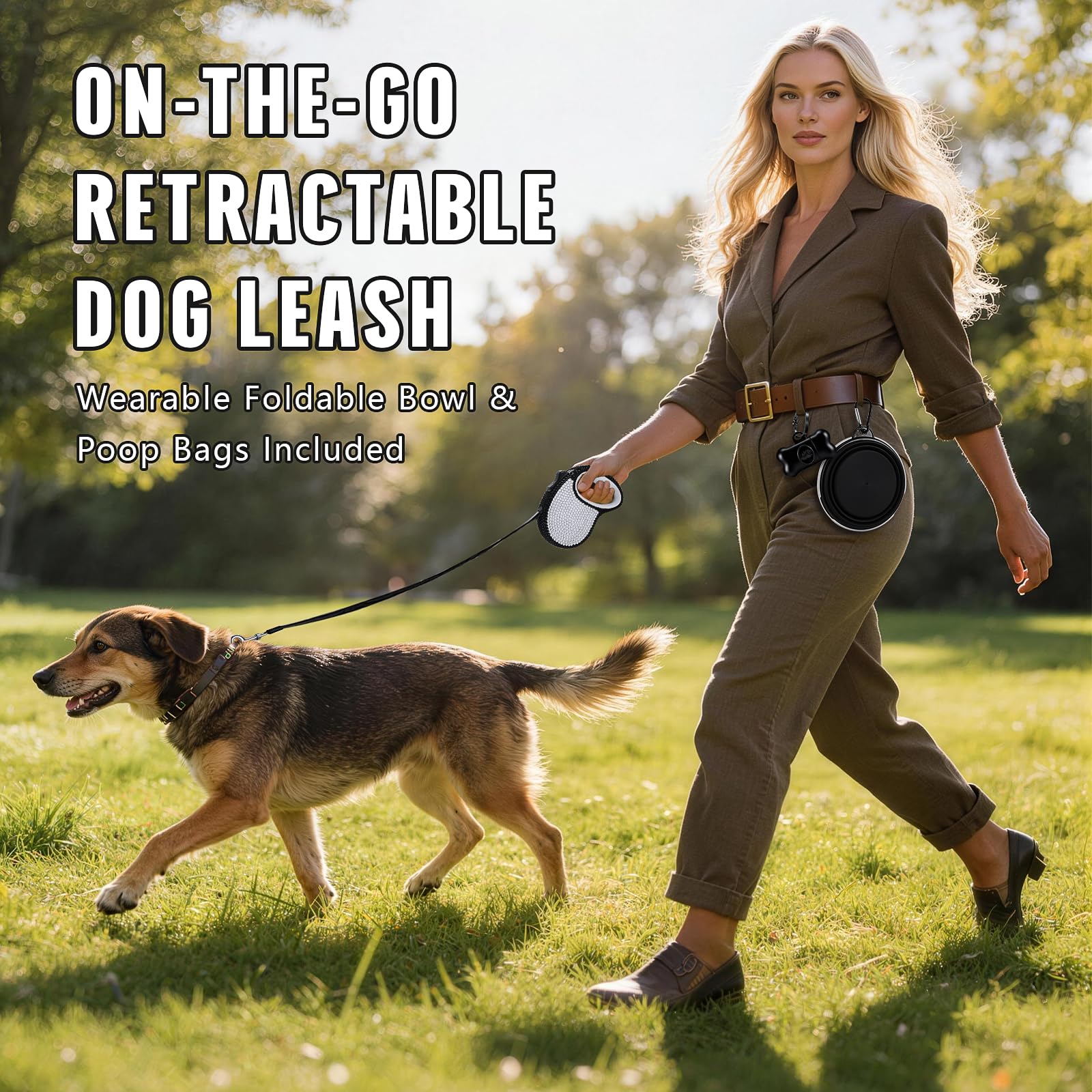 eing Bling Crystal Retractable Dog Leash Lightweight 10FT Leash, with Folding Bowl,Dispenser,Waste Bags, for Small Medium Dogs, Black+White - Image 3