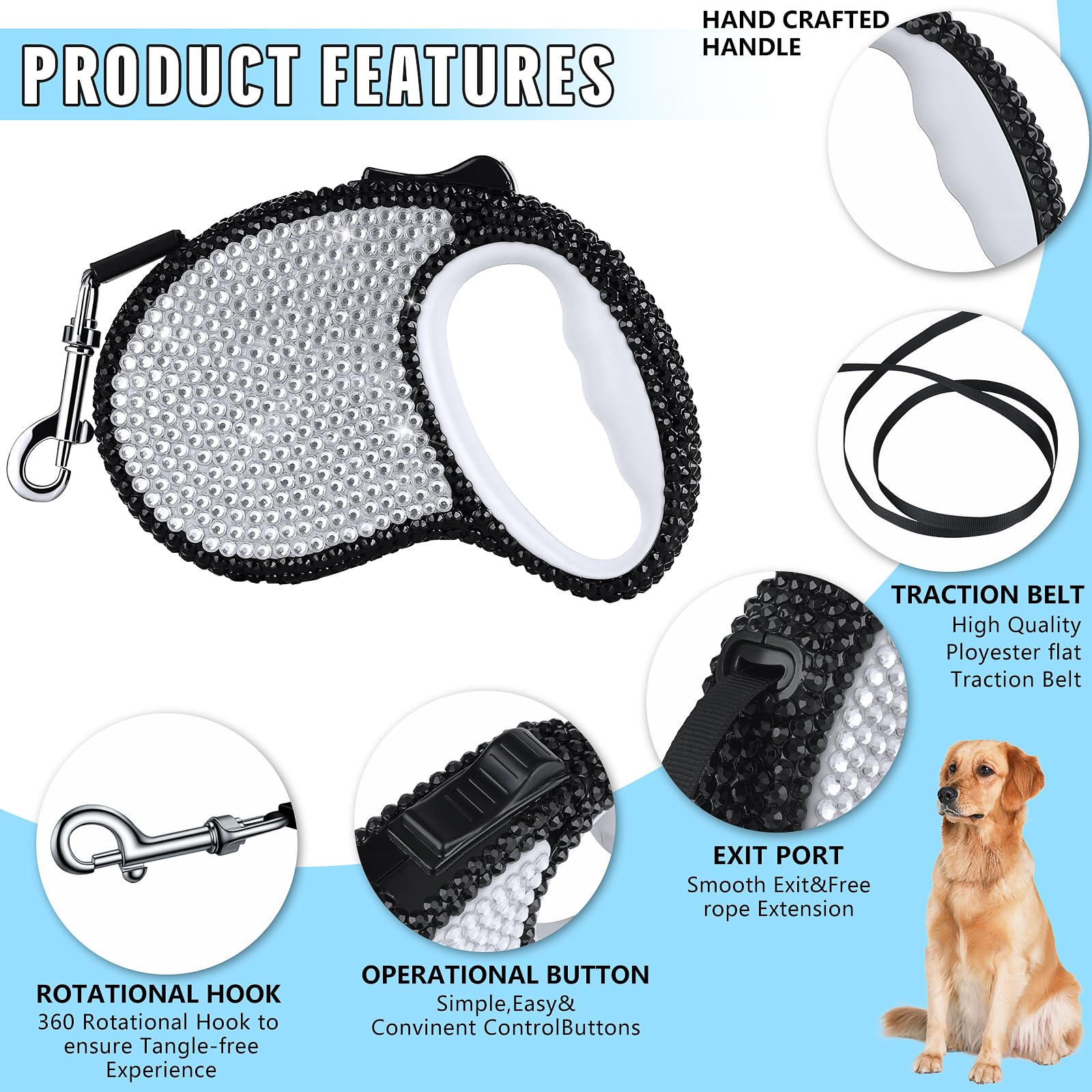 eing Bling Crystal Retractable Dog Leash Lightweight 10FT Leash, with Folding Bowl,Dispenser,Waste Bags, for Small Medium Dogs, Black+White - Image 4