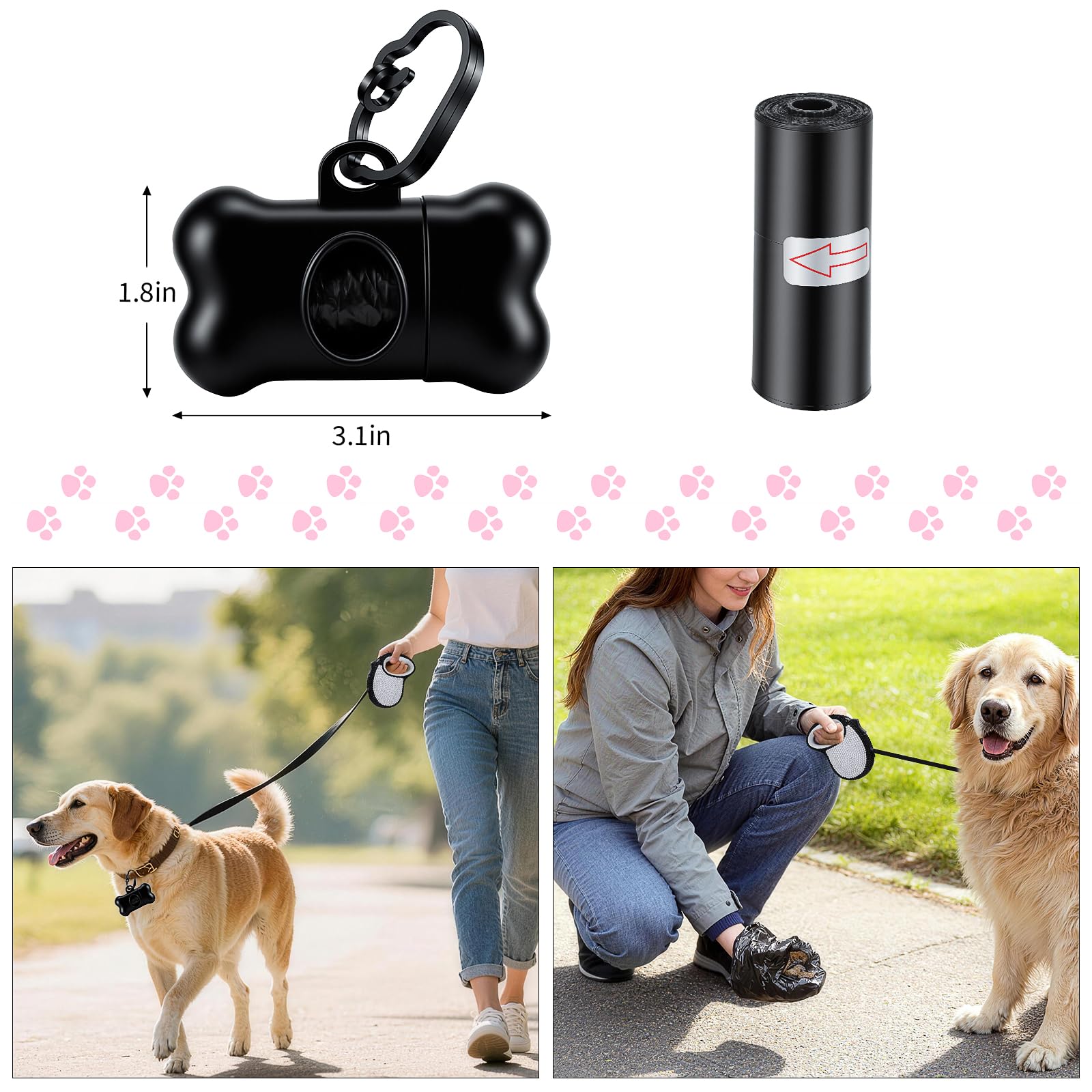 eing Bling Crystal Retractable Dog Leash Lightweight 10FT Leash, with Folding Bowl,Dispenser,Waste Bags, for Small Medium Dogs, Black+White - Image 6