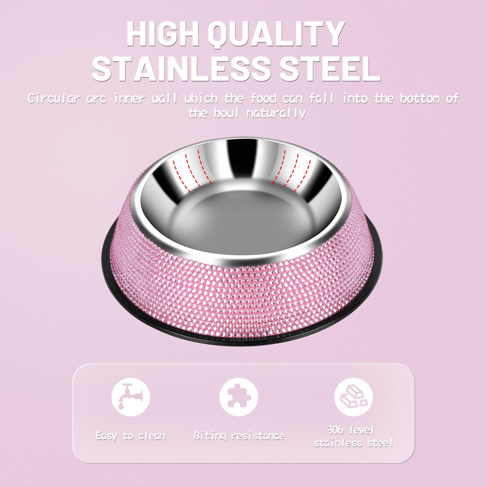 eing Bling Stainless Steel Dog Bowl with Anti-Skid Rubber Base for Small/Medium/Large Pet, Perfect Dish, Diamond Pets Feeder and Water Choice Puppy Cat Kitten(1 - Pack, Pink) - Image 5