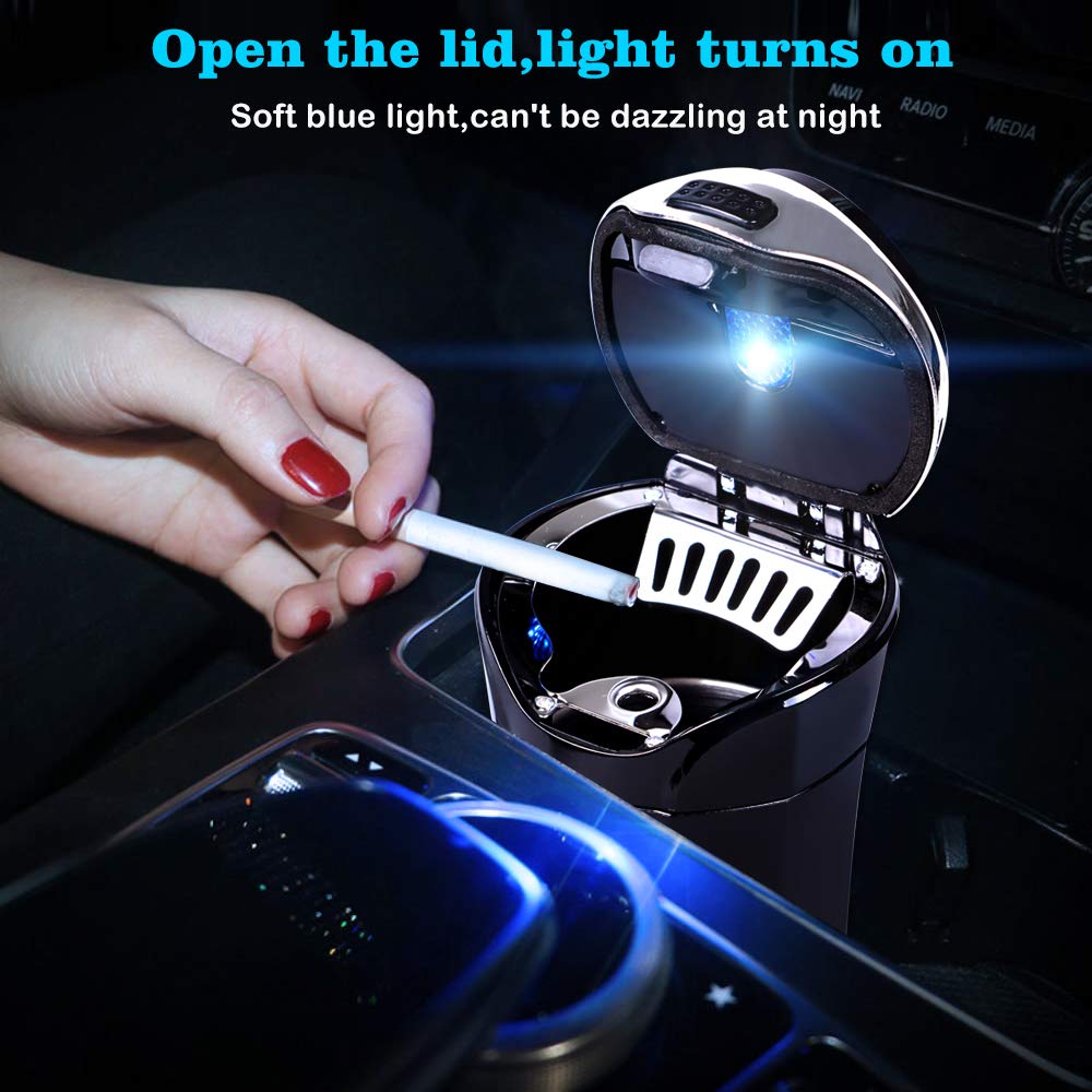 eing Car Ashtray,Easy Clean Up Detachable Stainless Car Ashtray with Lid Blue Led Light and Removable Lighter for Most Car Cup Holder (Silver) - Image 3