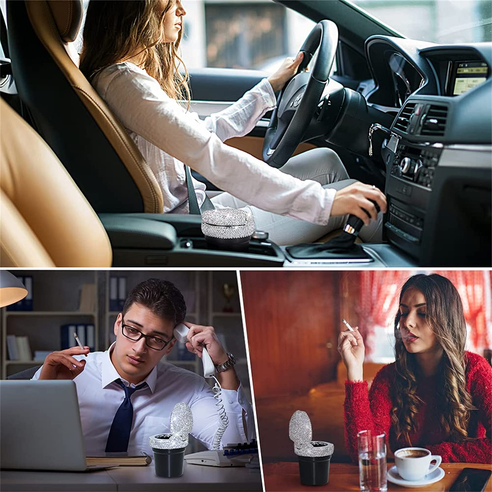 eing Car Ashtray Portable Bling Cigarette Smokeless Cylinder Cup Holder with Blue LED Light Indicator,Car Accessories for Women,Ideal for Car,Home and Office,1 - Pack Black+White - Image 4