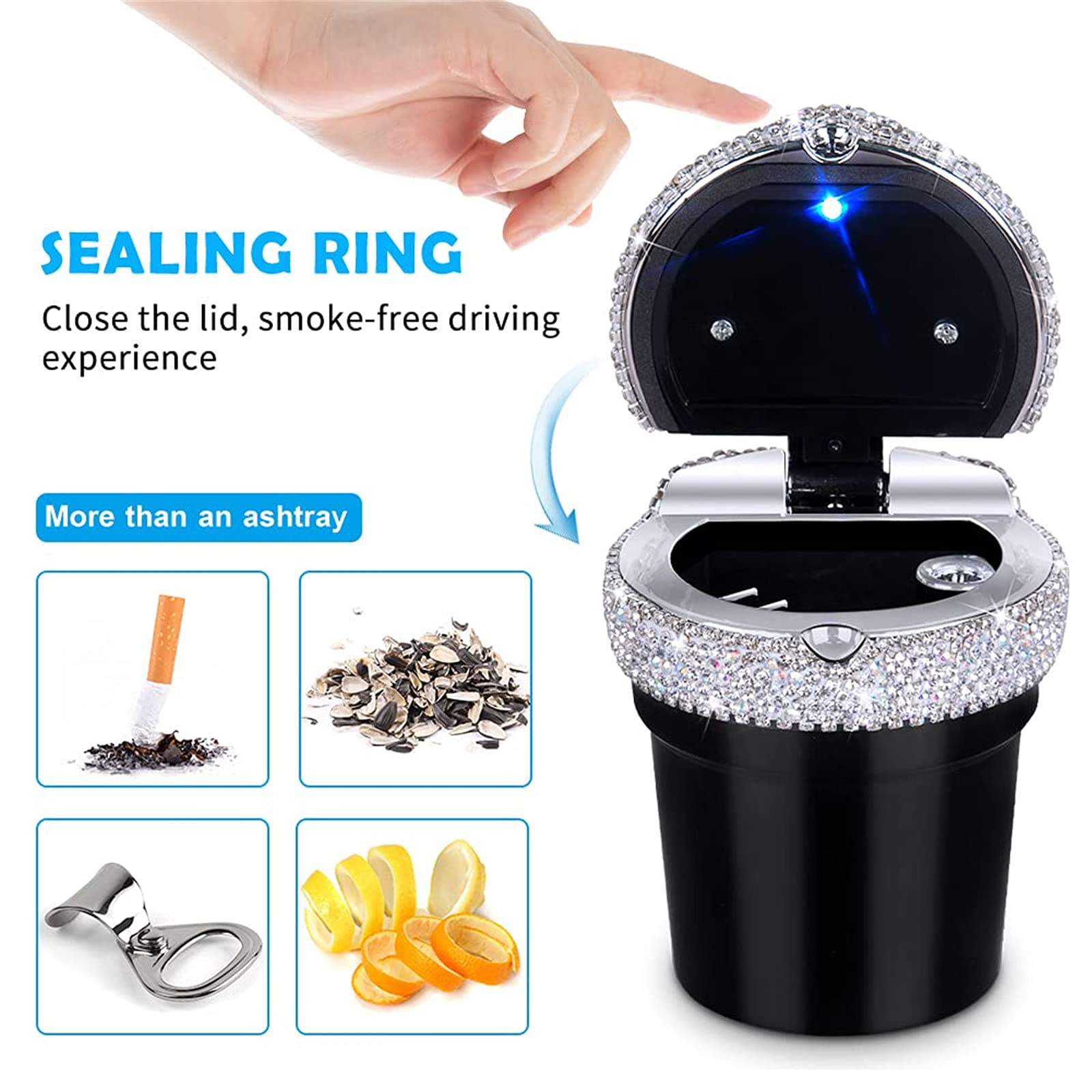 eing Car Ashtray Portable Bling Cigarette Smokeless Cylinder Cup Holder with Blue LED Light Indicator,Car Accessories for Women,Ideal for Car,Home and Office,1 - Pack Black+White - Image 5