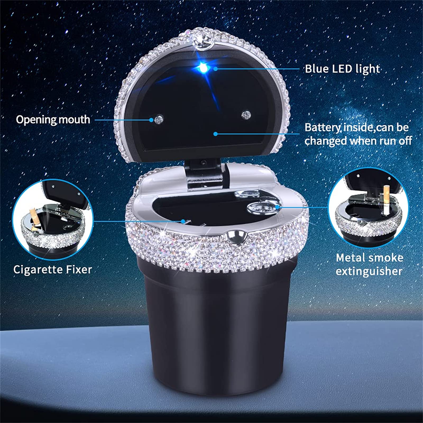eing Car Ashtray Portable Bling Cigarette Smokeless Cylinder Cup Holder with Blue LED Light Indicator,Car Accessories for Women,Ideal for Car,Home and Office,1 - Pack Black+White - Image 6