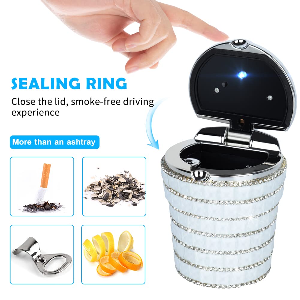eing Car Ashtray with Bling Bling Diamond Auto Cigarette Odor Smoke Remover Cylinder Cup Holder With LED Lamp,White - Image 3