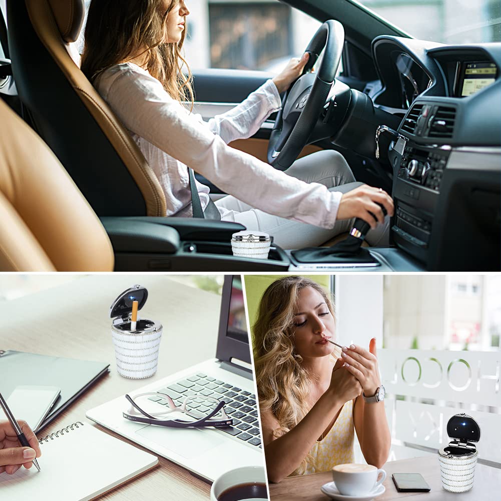 eing Car Ashtray with Bling Bling Diamond Auto Cigarette Odor Smoke Remover Cylinder Cup Holder With LED Lamp,White - Image 5