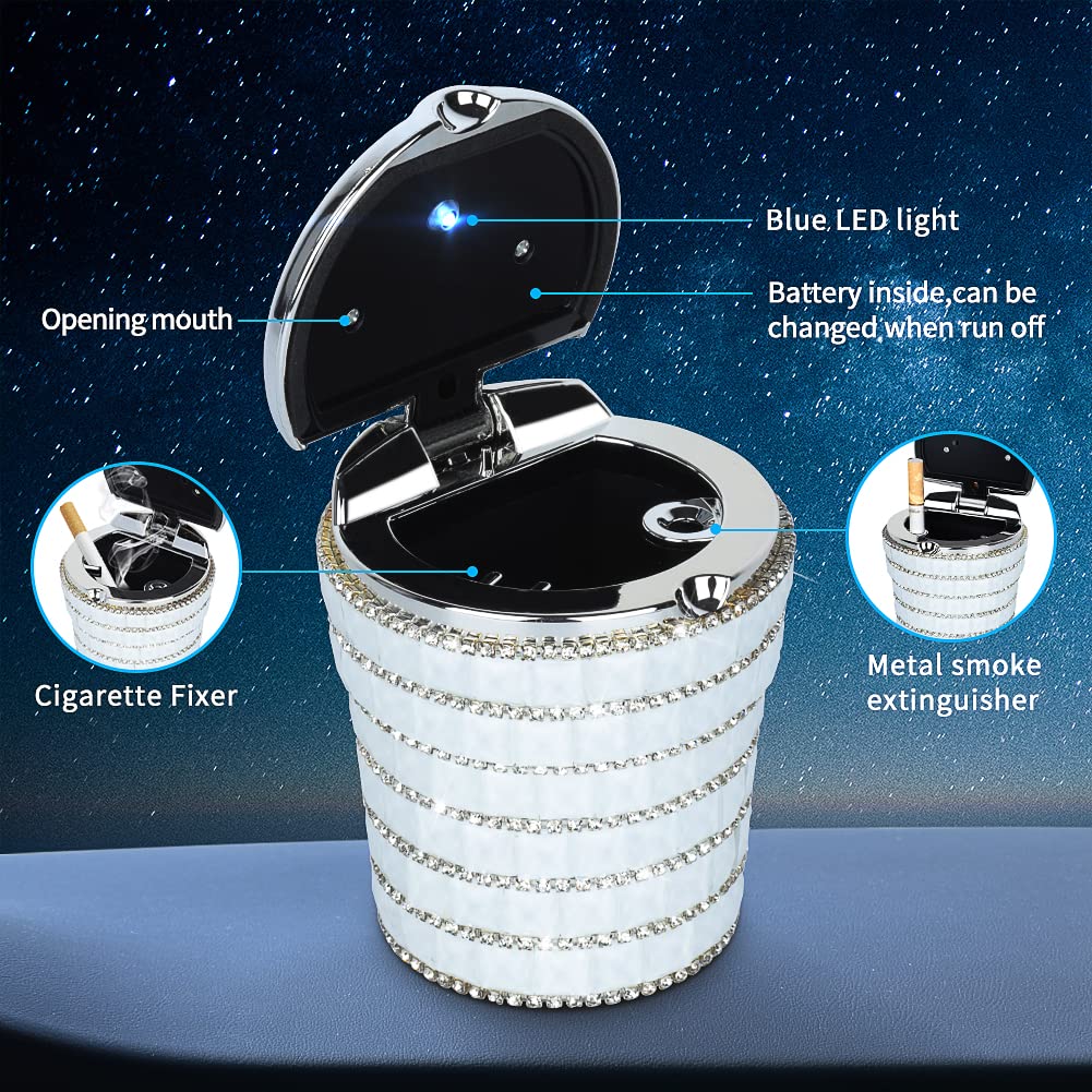 eing Car Ashtray with Bling Bling Diamond Auto Cigarette Odor Smoke Remover Cylinder Cup Holder With LED Lamp,White - Image 6