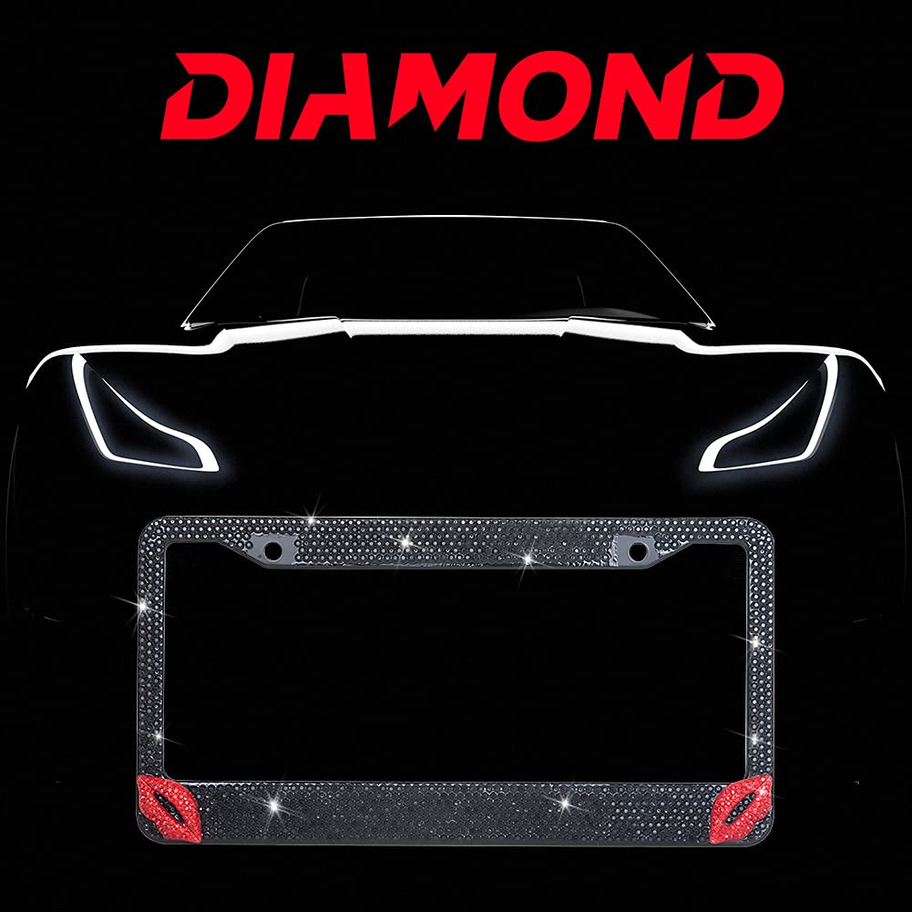 EING Car License Plate Frames Bling Crystal Diamonds Car Exterior Accessory for Women Girls,2pcs - Black + Hot Red Lip - Image 3