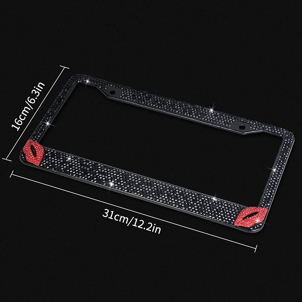 EING Car License Plate Frames Bling Crystal Diamonds Car Exterior Accessory for Women Girls,2pcs - Black + Hot Red Lip - Image 4