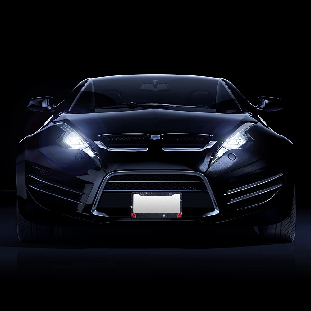 EING Car License Plate Frames Bling Crystal Diamonds Car Exterior Accessory for Women Girls,2pcs - Black + Hot Red Lip - Image 5